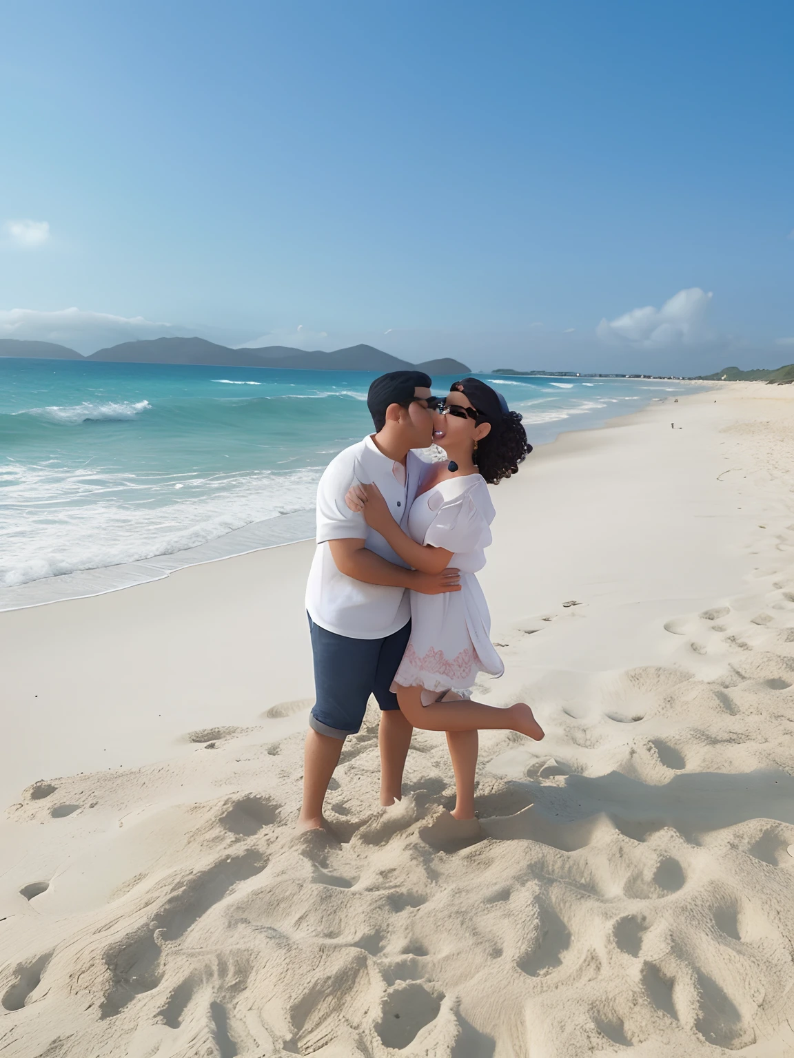 Chubby fat thic bbw white thai mature woman (60 years old), chubby belly, long straight black hair, wearing black bikini, black choker necklace, man hugging from behind, kissing,in the beach with tall male, 4 men watching, smiley expression, full body picture, view from the side