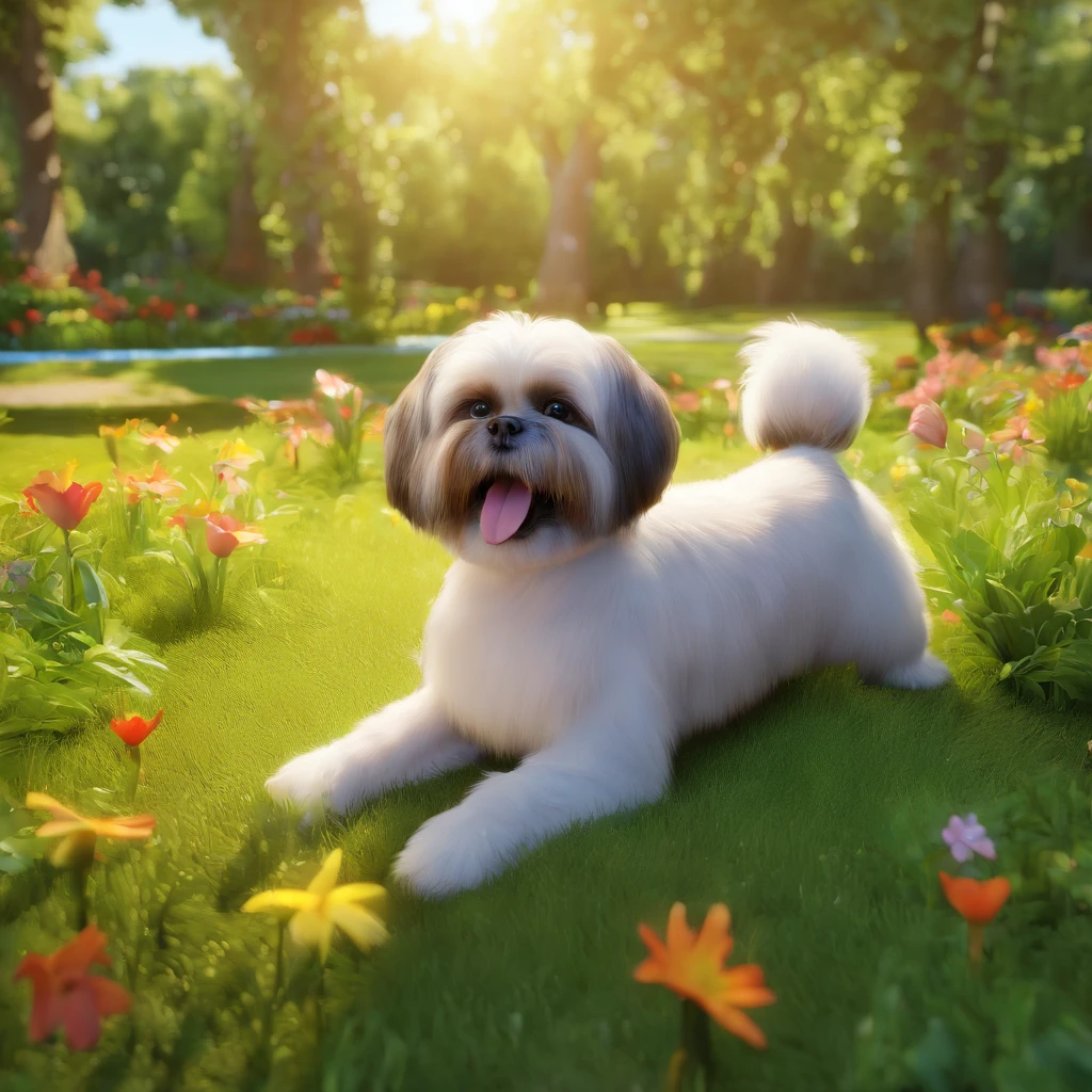 Araffe dog laying on the grass in a park with flowers - SeaArt AI