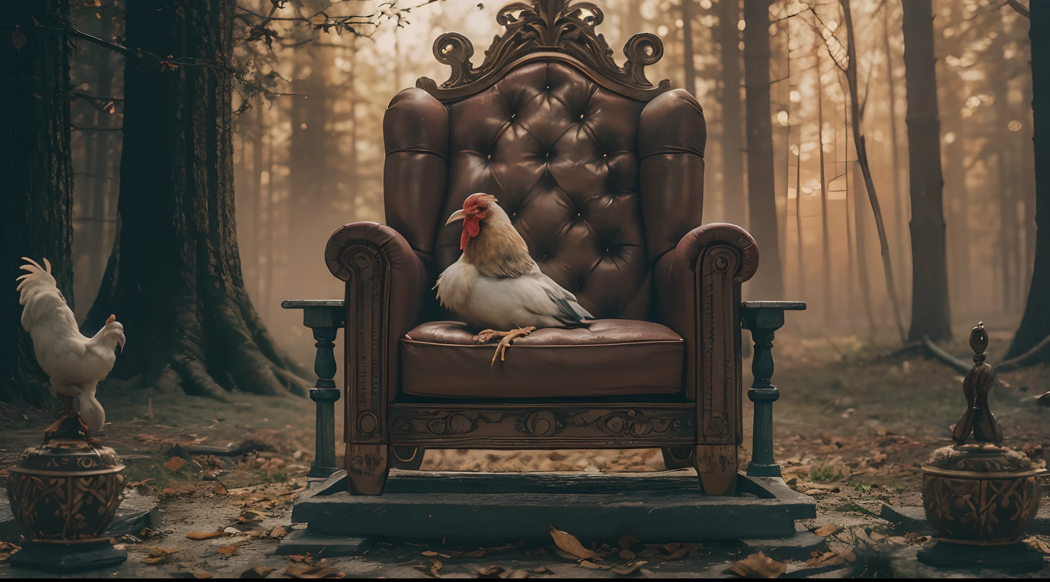 Create a chicken in smoking cigar and seat on a throne while lot of money is falling from the sky, money scatered, dark ambient, mystical forest background, style raw, style raw, in the style of Grand Budapest Hotel directed by Wes Anderson , low saturation, Super 8mm lens, Low angle shot, High Contrast cinematography effect, Natural Lighting, Desaturate color grading, high quality, ultra detail, 8k resolution,