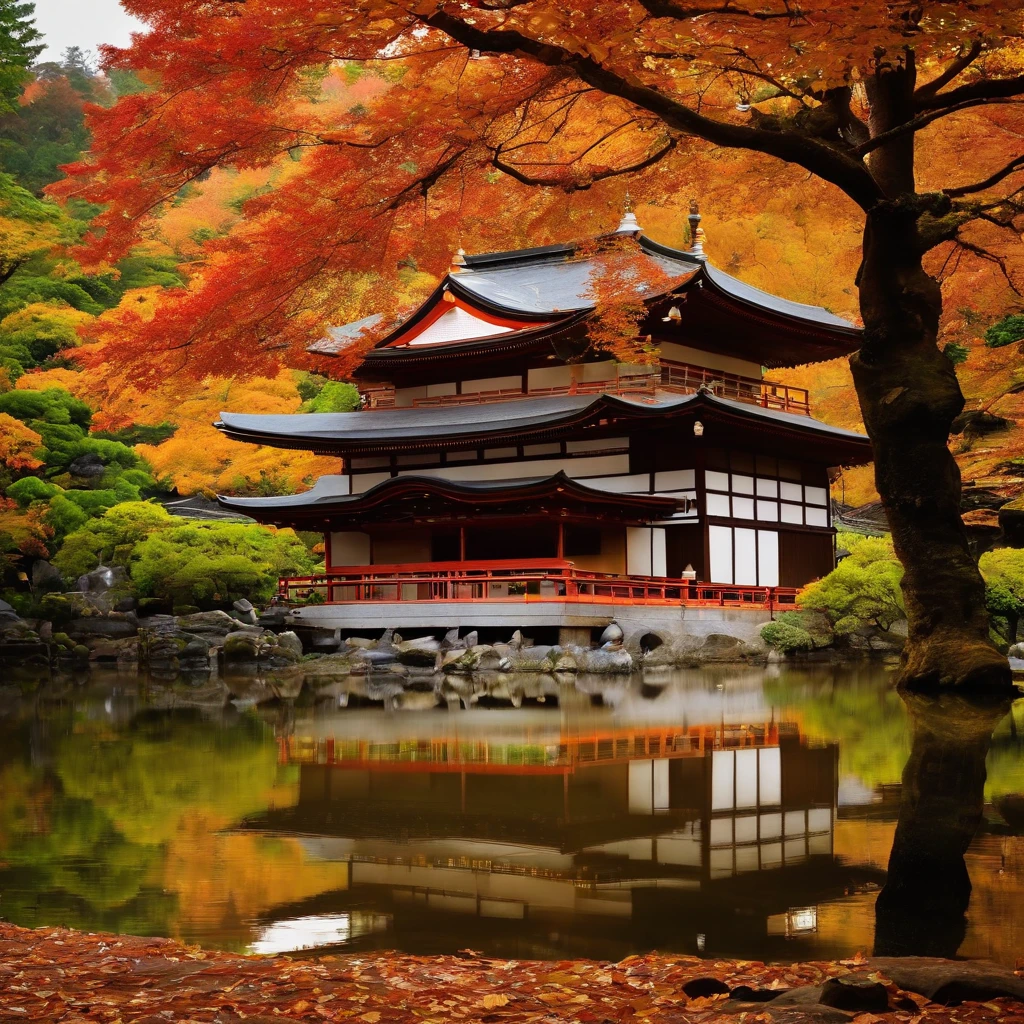 wallpaper hd，(((An exquisite Japanese temple in autumn and autumn：1.3))),Large lawn、Autumn leaves scattered on the ground，BUDDHA STATUE，(HD Real),，The screen is filled with golden sunlight，HD picture，1/3. Leave blank，Nikon SLR lenses，Shoot at medium distance，Soft lighting，Ultra high quality，tmasterpiece，电影灯光