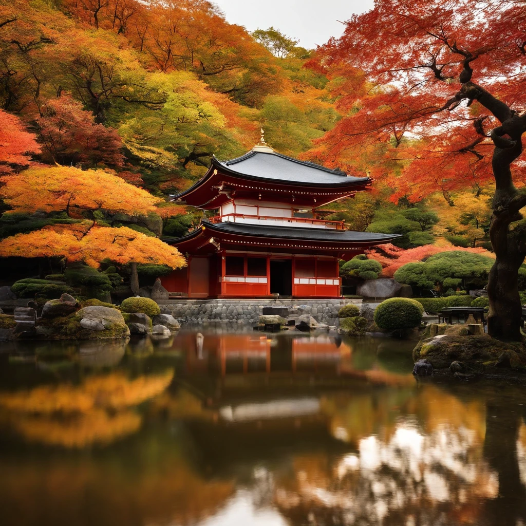 wallpaper hd,(((An exquisite Japanese temple in autumn and autumn:1.3))),Large lawn、Autumn leaves scattered on the ground,BUDDHA STATUE,(HD Real),,The screen is filled with golden sunlight,HD picture,1/3. Leave blank,Nikon SLR lenses,Shoot at medium distance,Soft lighting,Ultra high quality,tmasterpiece,电影灯光