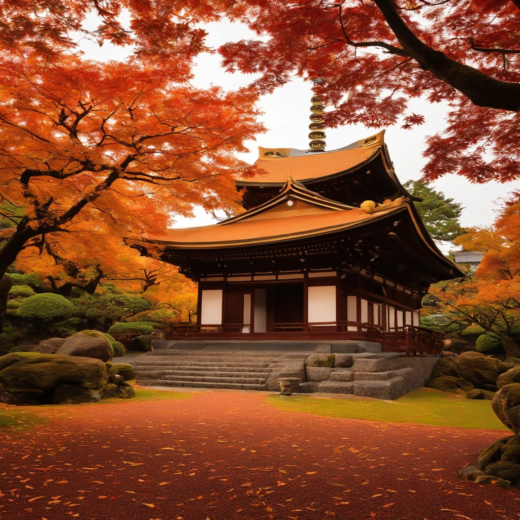wallpaper hd，(((An exquisite Japanese temple in autumn and autumn：1.3))),Large lawn、Autumn leaves scattered on the ground，BUDDHA STATUE，(HD Real),，The screen is filled with golden sunlight，HD picture，1/3. Leave blank，Nikon SLR lenses，Shoot at medium distance，Soft lighting，Ultra high quality，tmasterpiece，电影灯光