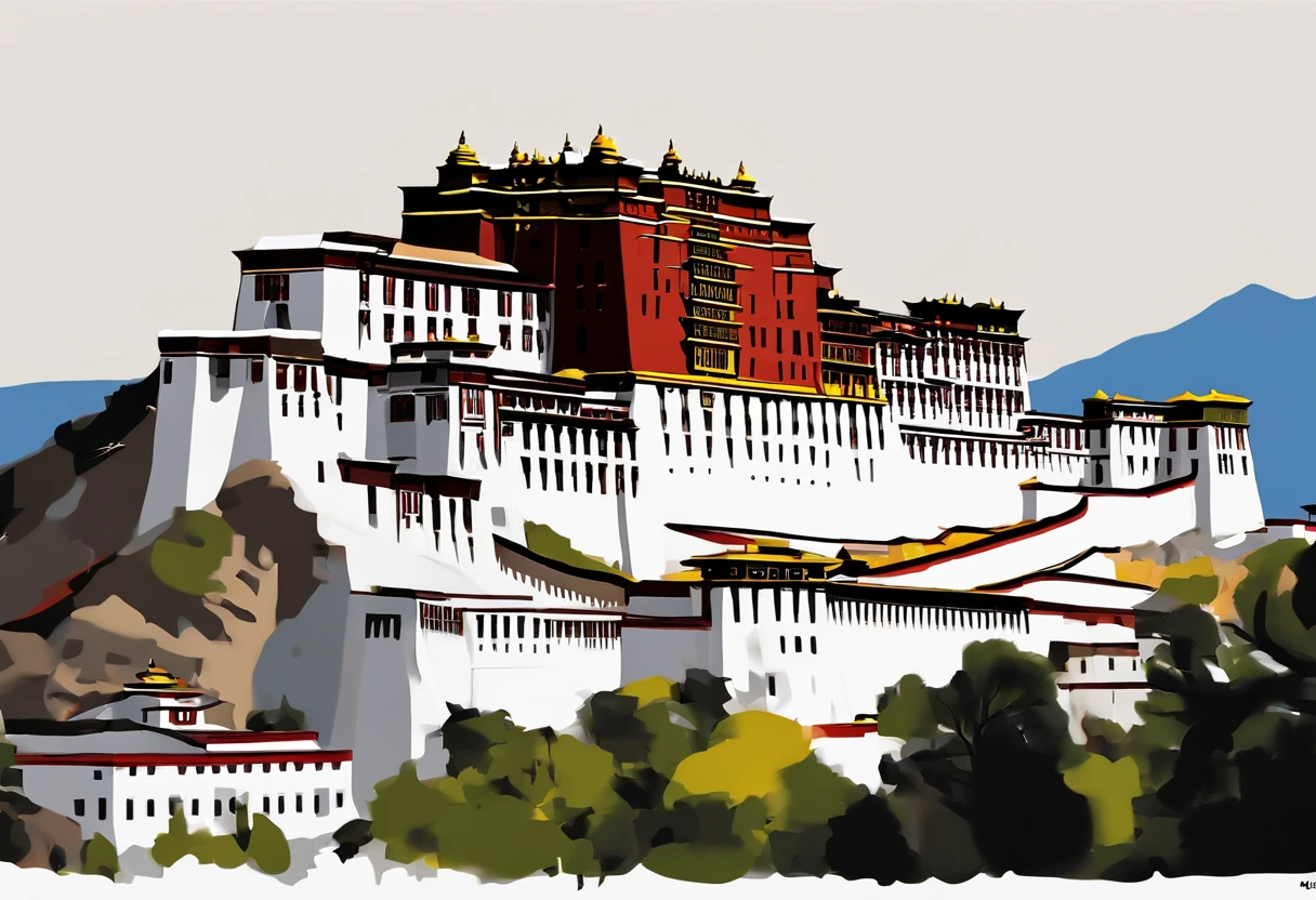 masterpiece,best quality,flat illustration,16k,(Potala Palace),Tibet,building.(pure whitebackground:1.2),GuoFeng,