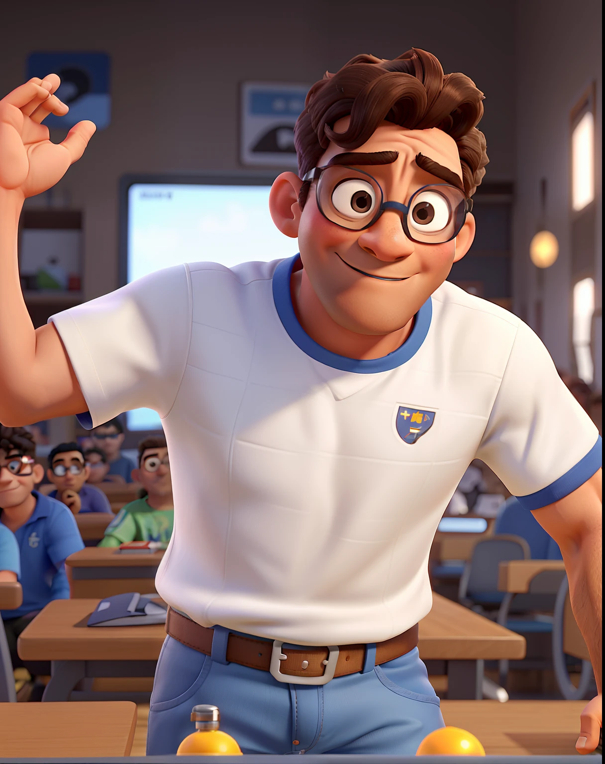 Homem 45 anos, cabelo liso partido de lado, pele de cor morena, com barba, wearing goggles, coach emocional, palestrante, with lecture-style senary, Disney Pixar