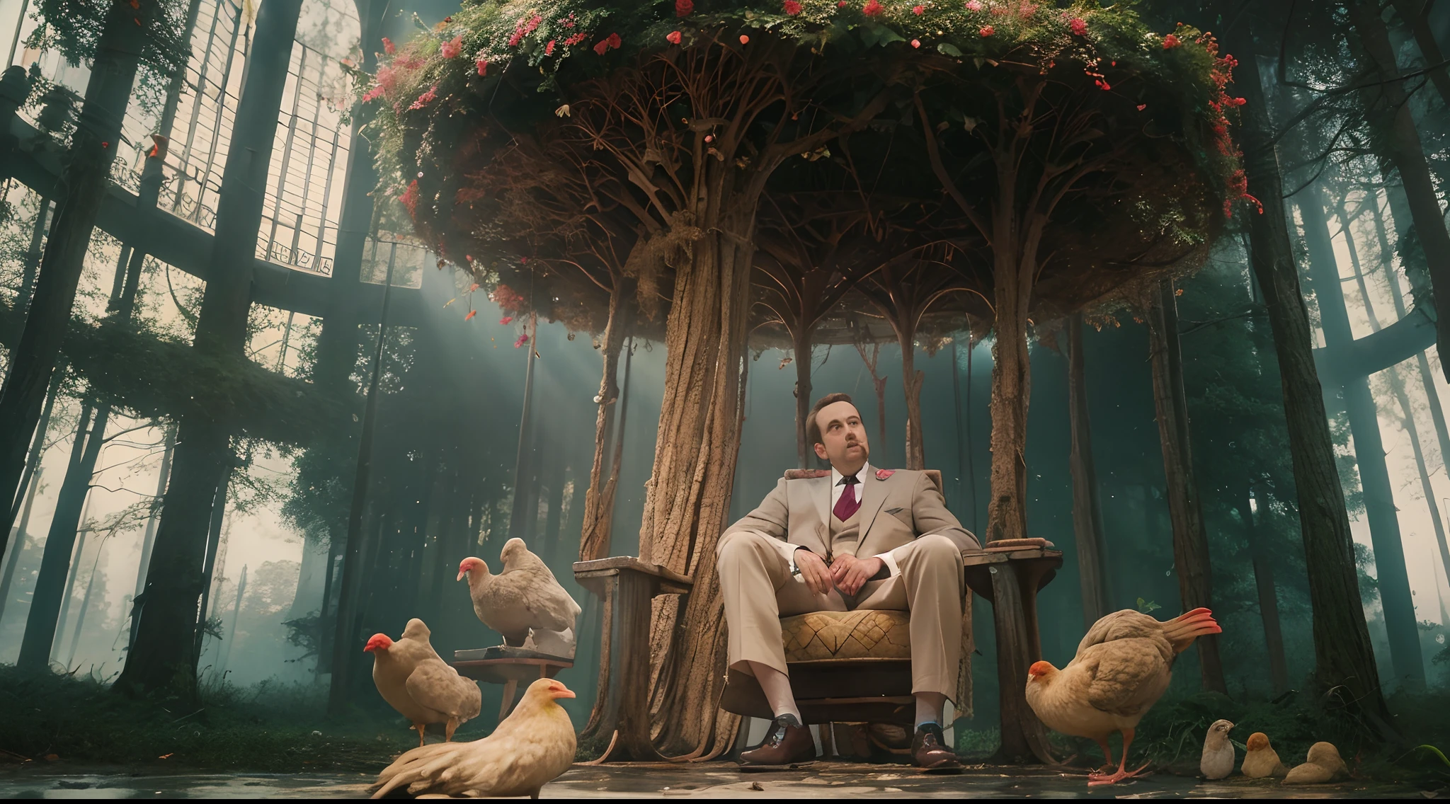 Create a chicken in smoking cigar and seat on a throne while lot of money is falling from the sky, money scatered, dark ambient, mystical forest background, style raw, style raw, in the style of Grand Budapest Hotel directed by Wes Anderson , low saturation, Super 8mm lens, Low angle shot, High Contrast cinematography effect, Natural Lighting, Desaturate color grading, high quality, ultra detail, 8k resolution,