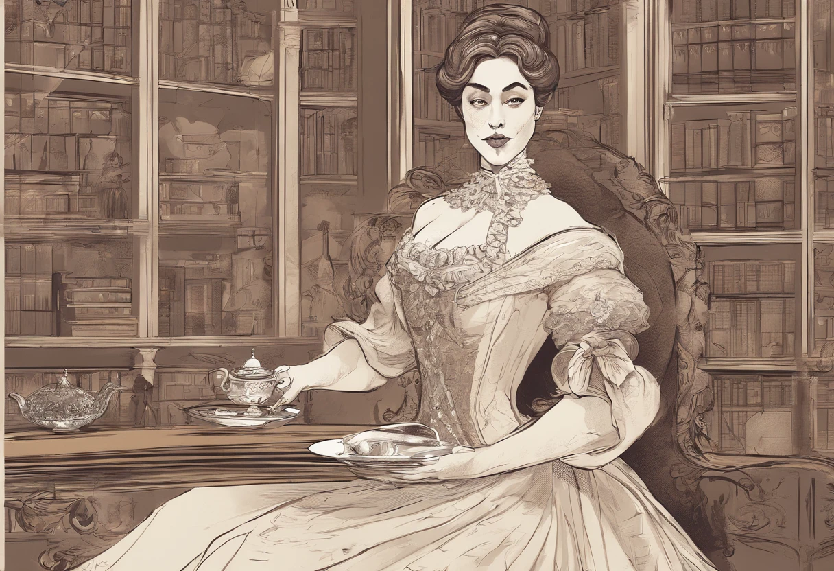 A book cover with a lady from the haute bourgeoisie, she is very fat, but very scary because of her confident and defiant posture, she is holding a cup of tea, and the background is completely brown, inspired by old English books.