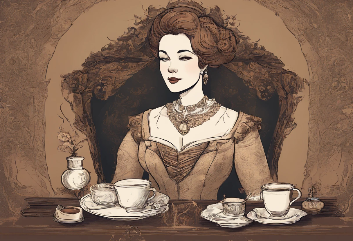 A book cover with a lady from the haute bourgeoisie, she is very fat, but very scary because of her confident and defiant posture, she is holding a cup of tea, and the background is completely brown, inspired by old English books.