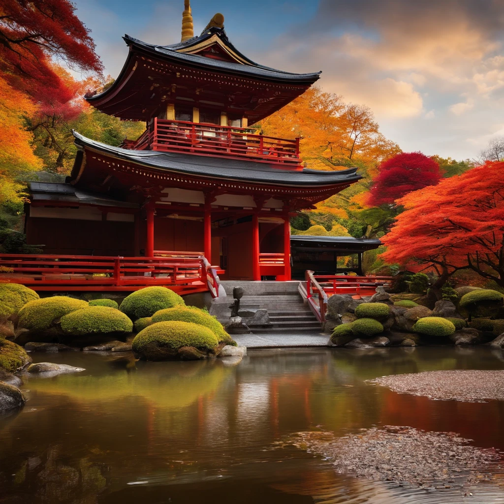 wallpaper hd,(((An exquisite Japanese temple in autumn and autumn:1.3))),Meandering creeks and streams、Autumn leaves scattered on the ground,BUDDHA STATUE,(HD Real),,The screen is filled with golden sunlight,HD picture,1/3. Leave blank,Nikon SLR lenses,Shoot at medium distance,Soft lighting,Ultra high quality,tmasterpiece,电影灯光