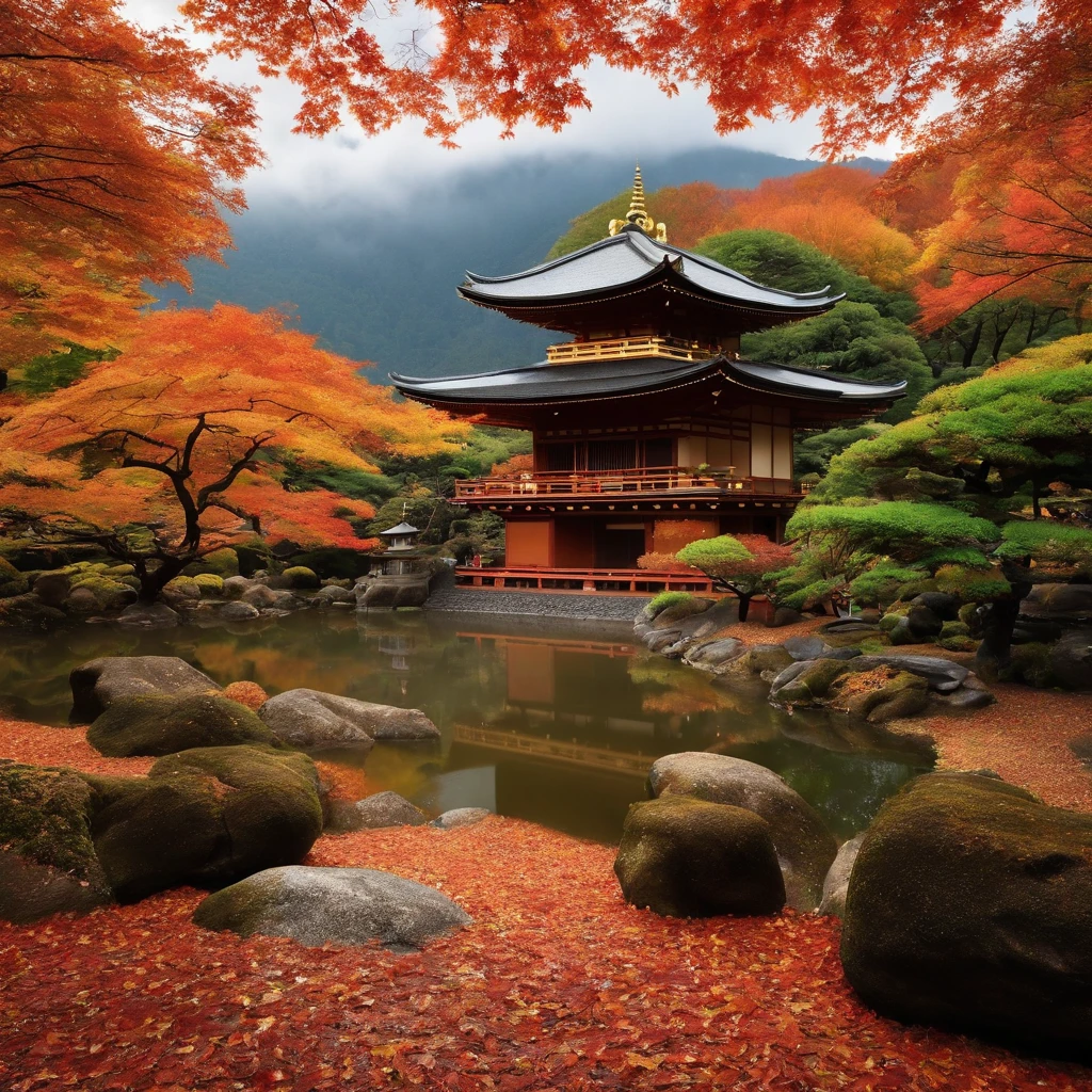 wallpaper hd,(((An exquisite Japanese temple in autumn and autumn:1.3))),Meandering creeks and streams、Autumn leaves scattered on the ground,BUDDHA STATUE,(HD Real),,The screen is filled with golden sunlight,HD picture,1/3. Leave blank,Nikon SLR lenses,Shoot at medium distance,Soft lighting,Ultra high quality,tmasterpiece,电影灯光