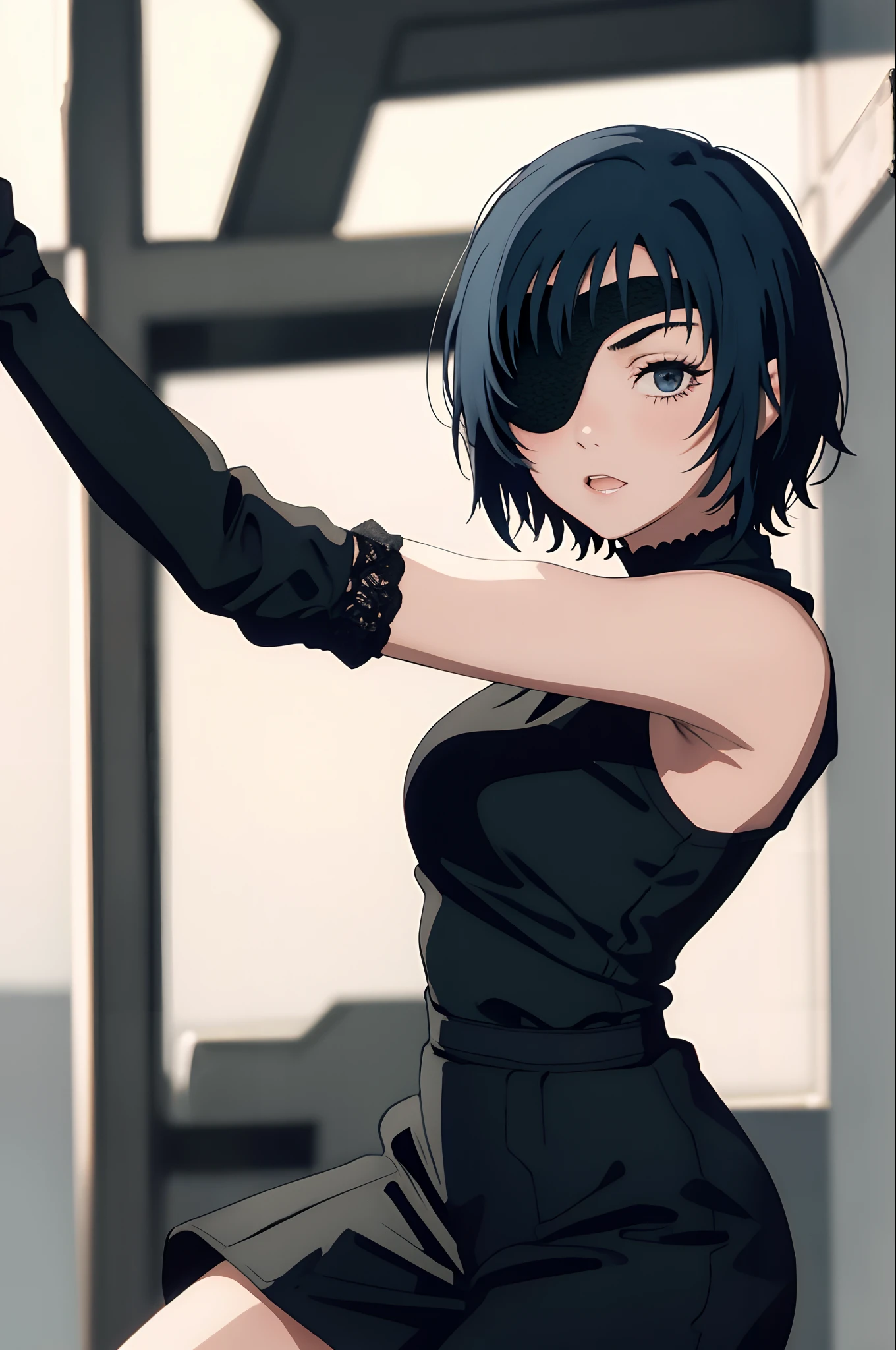 dynamic pose, himeno,short hair,eyepatch,formal,
(best quality, masterpiece, RAW photo,ultra-detailed:1.2), 1girl,solo,looking at viewer,