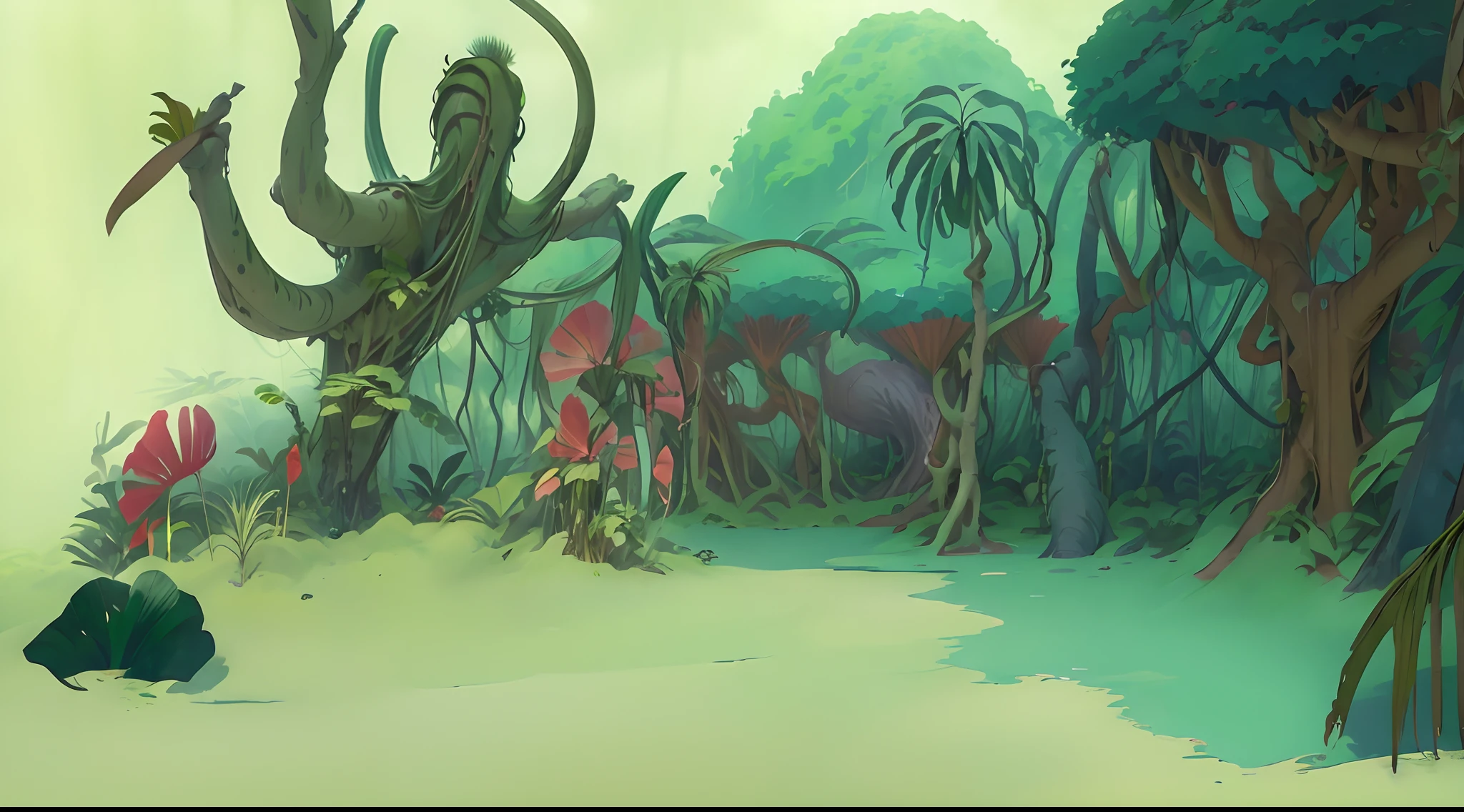 cartoon of a man holding a stick in a forest with a lot of trees, the jungle at the background, jungle in background, art nouveau jungle environment, jungles in the background, background jungle, an alien jungle, temple background, ancient alien jungle, alien forest in background, the background is lush jungle, background artwork, in the background is lush jungle, jungle background