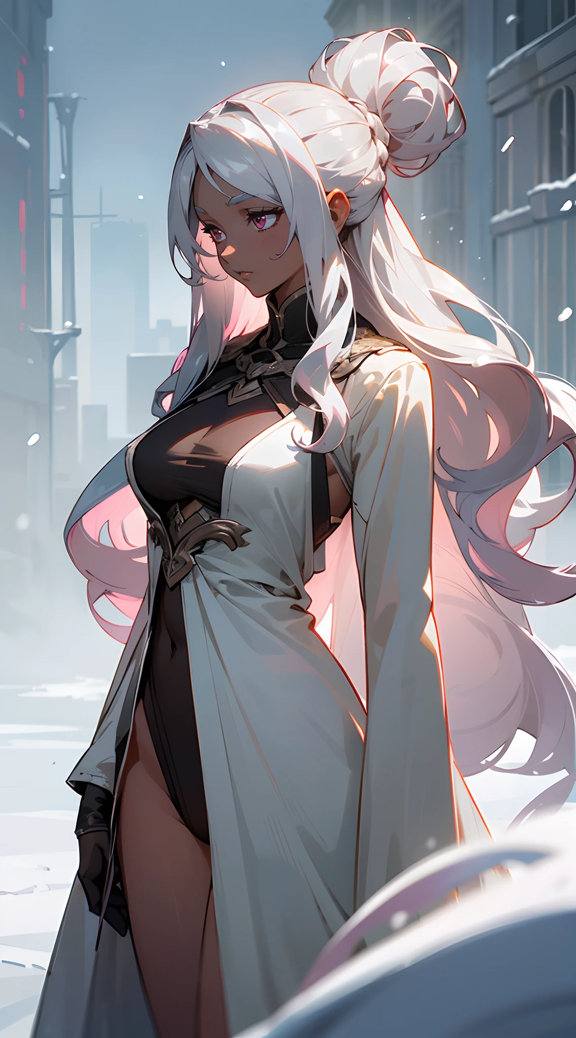 Beautiful woman, extremely long hair , ((silver hair:1.3)) , wavy hair, ((very large chest:1)) , full lips , pink iris , fit body , ((brown skin:1.3)), ((dark skin:1)), has striking long, white hair that flows down to her mid-back, strong and determined facial structure, light pink eyes , eyebrows are thin and arched, powerful and athletic build, She is notably tall and statuesque, well-defined muscles, age 33



(masterpiece, best quality:1.3),beautiful detailed glow,best illuminate,(((best quality,textile shading,ultra detailed))),extremely detailed CG unity 8k wallpaper,Highly Detailed beautiful and aesthetic,best light,high resolution,detailed,dynamic lighting , 1Character ,  pastel washed out colors , cell shade , soft, muted shades ,gentle colors ,

Outside scene, scene of a Seinen anime , movie quality, snowing , walking in a city , snow on the ground , winter clothes ,