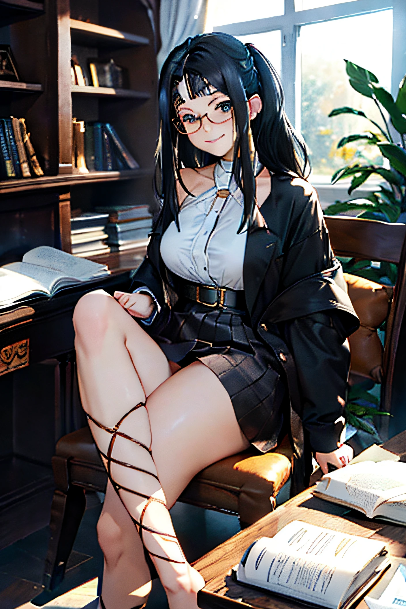 A beautiful woman,, A MILF, Beautiful face, royal, age 22, Mature eyes, Sweet smile, Wearing an anime-style blue Royal Academy bachelor's uniform, Black color hair, ponytail haircut, Fine details, Sweet smile,Wear vintage glasses,Sit at your desk in the library,Looking at a book,There are many bookcases in the background,It was filled with books, Cinematic lighting, Exquisite lighting effects, CreativeDesign , full body in frame, Divine aura, Shining light, Perfect color transitions, The perfect balance of contrast, Perfect color gradient, Perfectly smooth color blur, Majestic, Soft posture, outside, Smooth hair, Soft hair, Sun glare, optical lenses, llight rays, pastelcolor, Smooth color blending,, Light particles