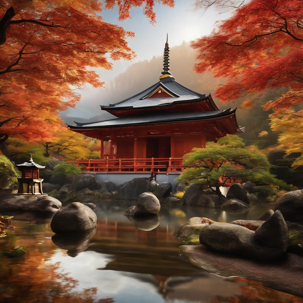 wallpaper hd，(((An exquisite Japanese temple in autumn and autumn：1.3))),Meandering creeks and streams、Autumn leaves scattered on the ground，Bronze bell，((Several Buddha statues))，(HD Real),，The screen is filled with golden sunlight，HD picture，1/3. Leave blank，Nikon SLR lenses，Shoot at medium distance，Soft lighting，Ultra high quality，tmasterpiece，电影灯光