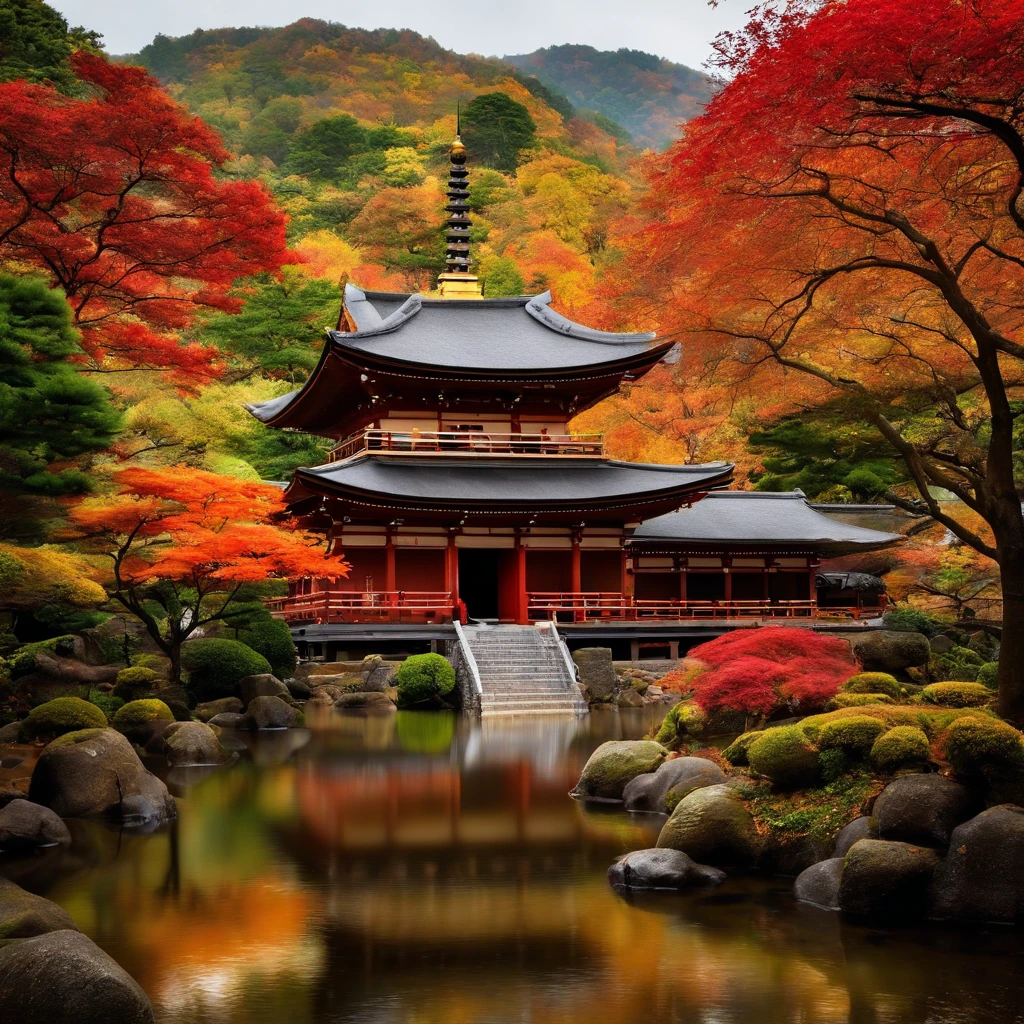 wallpaper hd,(((An exquisite Japanese temple in autumn and autumn:1.3))),Meandering creeks and streams、Autumn leaves scattered on the ground,Bronze bell,((Several Buddha statues)),(HD Real),,The screen is filled with golden sunlight,HD picture,1/3. Leave blank,Nikon SLR lenses,Shoot at medium distance,Soft lighting,Ultra high quality,tmasterpiece,电影灯光