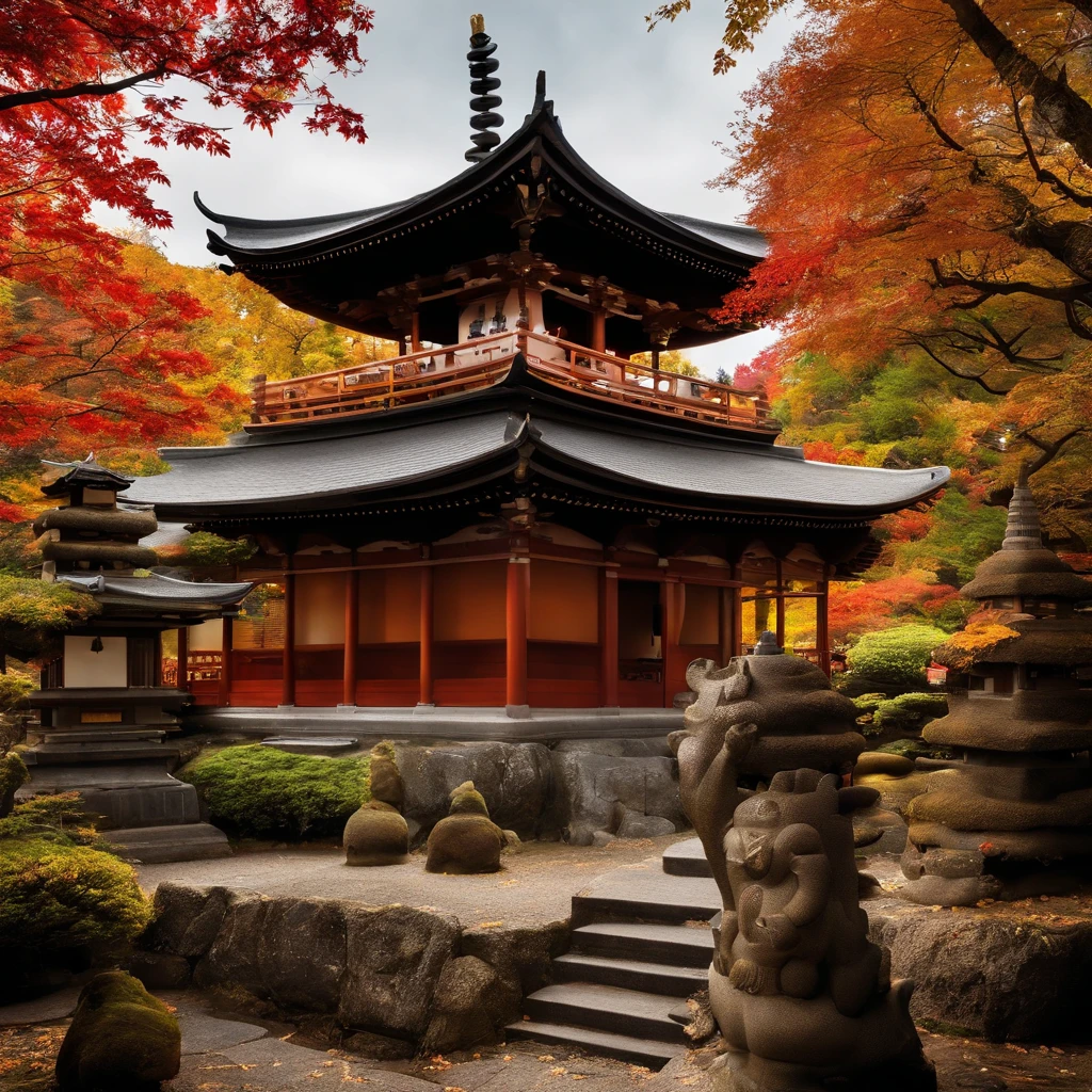 wallpaper hd，(((An exquisite Japanese temple in autumn and autumn：1.3))),Meandering creeks and streams、Autumn leaves scattered on the ground，Bronze bell，((Several Buddha statues))，(HD Real),，The screen is filled with golden sunlight，HD picture，1/3. Leave blank，Nikon SLR lenses，Shoot at medium distance，Soft lighting，Ultra high quality，tmasterpiece，电影灯光