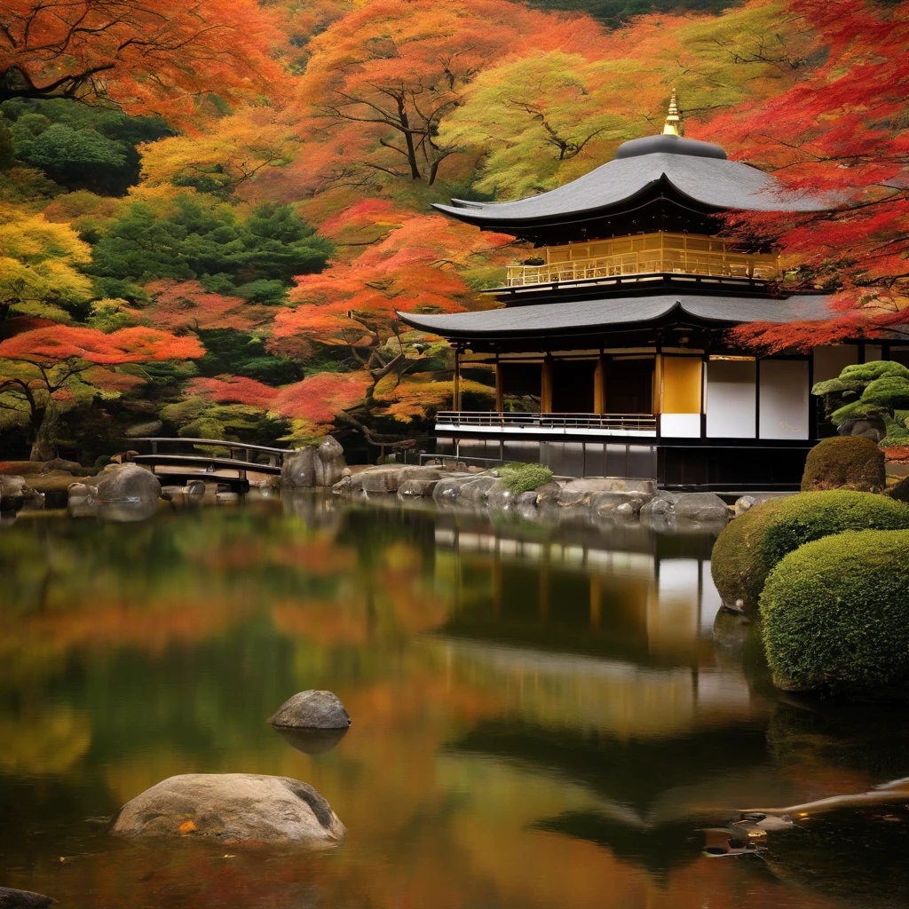 wallpaper hd，(((An exquisite Japanese temple in autumn and autumn：1.3))),Meandering creeks and streams、Autumn leaves scattered on the ground，Bronze bell，((Several Buddha statues))，(HD Real),，The screen is filled with golden sunlight，HD picture，1/3. Leave blank，Nikon SLR lenses，Shoot at medium distance，Soft lighting，Ultra high quality，tmasterpiece，电影灯光