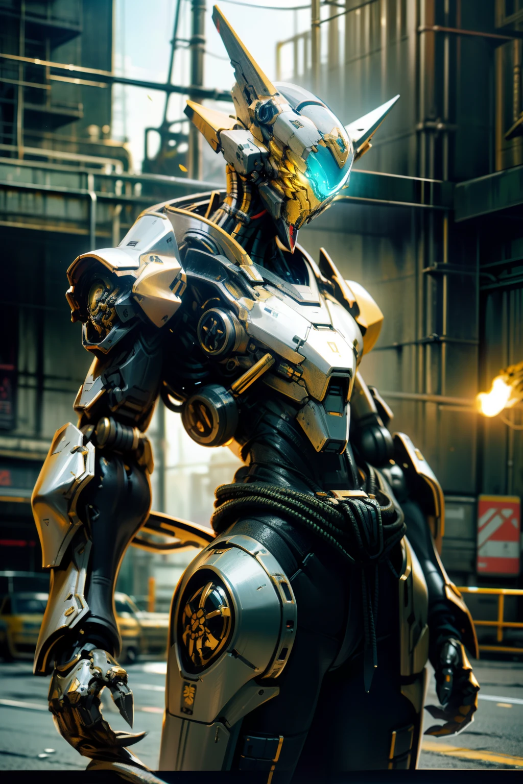 Futuristic city、Ruins、Wearing weapons、No humans、There is no human face、buliding、radiant eyes、Golden Mechs（Weathering、Dark）、scientific fiction、城市、Realistis、mechs、Photograph the whole body、low angles、neons、cyberpunked、Detailed artwork、电影灯光、Dark Fantasy、cyberpunked、(Big claws;、golds:1.1)、1 body、Mechanical wonders、Robotic presence、Cybernetic Guardian、Wearing a worn-out mechanical armor suit（Dragon-like head（Three-dimensional、Fine details）、slender、Streamlined、Female-like body shape（No face）、The tail grows from the waist）、 with an intricate、(steel metal[Rust])、Elegant and sharp focus、Soft lighting、Pale and dark colors、​masterpiece、(Street))、cowboy  shot、dynamicposes、fighting poses、battleing