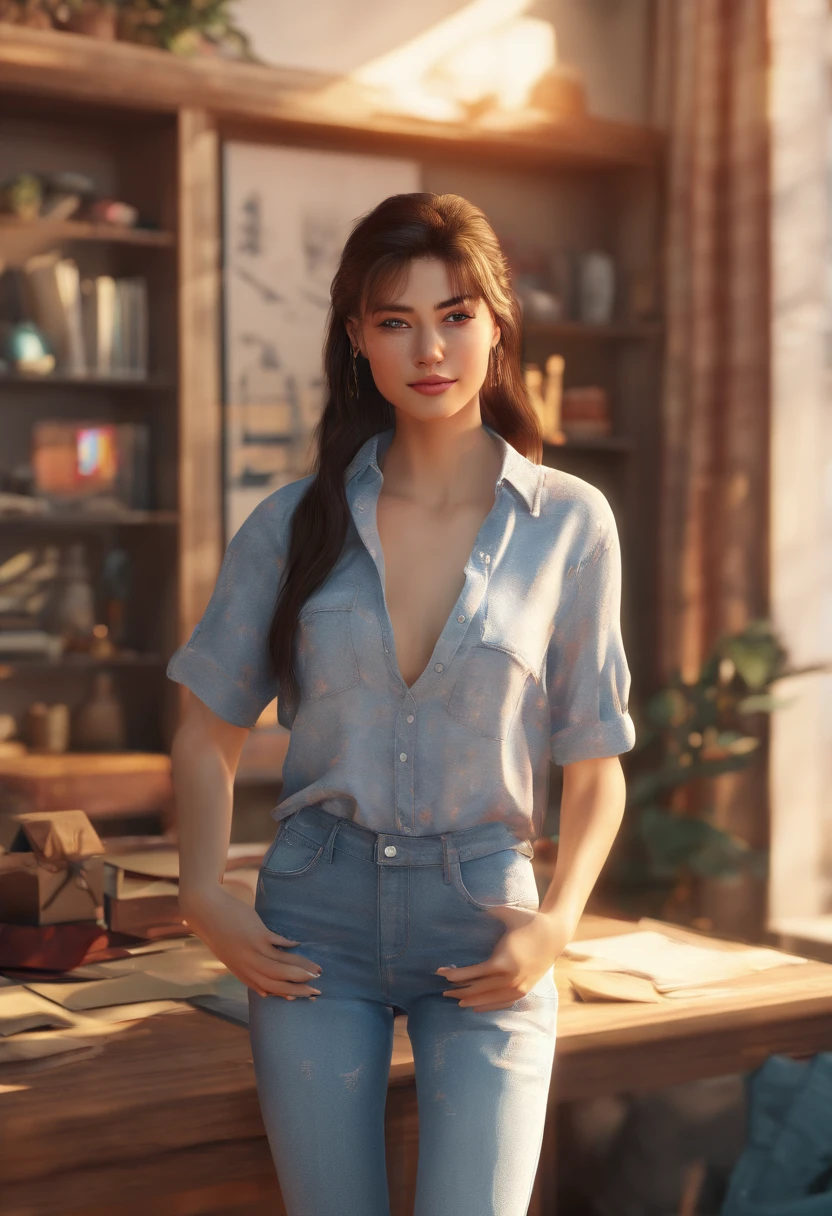 (Foto RAW, 4k, master part, high resolution, extremamente complexo) (Realistic: 1.4), Cinematic lighting, 1 girl, foco solo, Summer noon, hot, 1990's (Estilo), lente jeans, Interior, camiseta de manga curta