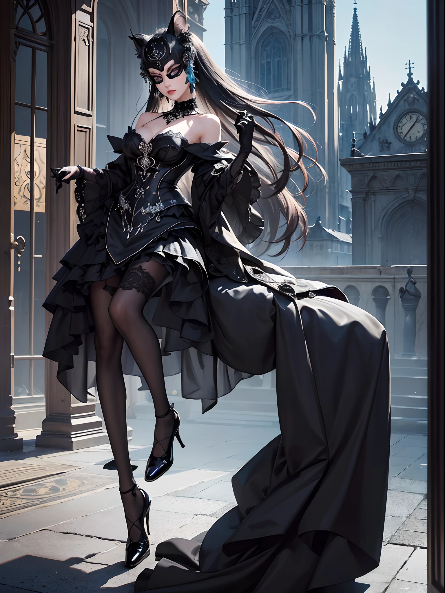 Black cat motif、Black and silver tones、Vibrant colors、((masterpiece)))、(((top-quality)))、((ultra-detailliert))、(A hyper-realistic)、(highly detailed CGillustration)、Official art、Antwerp at the beginning of the 20th century、Decadent、Madame Cha Noir、Masquerade、Elegance、Masks that cover most of the face、Colorful and detailed mask design、matchless beauty、Fans、gorgeous dress、jewely、Perfect Angle、rightward、perfect-composition、full body Esbian