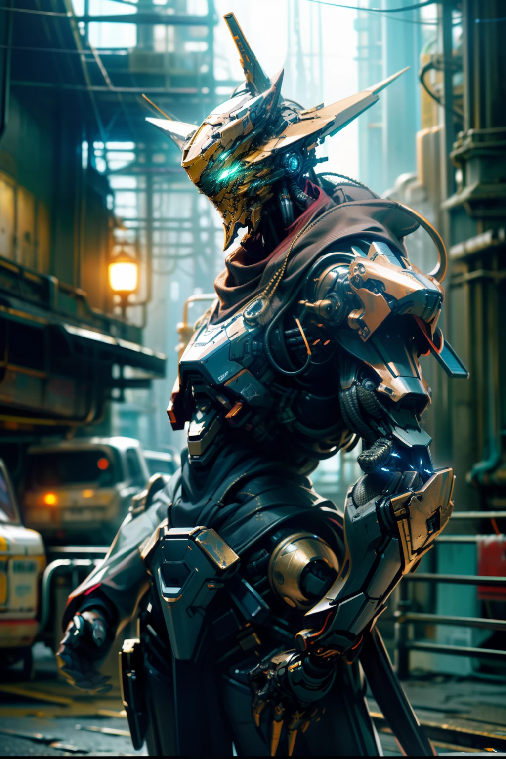 Futuristic city、Ruins、Wearing weapons、No humans、buliding、radiant eyes、Golden Mechs（Weathering、Dark）、scientific fiction、城市、Realistis、mechs、Daytime background、Photograph the whole body、low angles、neons、cyberpunked、Detailed artwork、电影灯光、Dark Fantasy、cyberpunked、(Big claws;、golds:1.1)、1 body、Mechanical wonders、Robotic presence、Cybernetic Guardian、Wearing a worn-out mechanical armor suit（Dragon-like head（Three-dimensional、Fine details）、slender、Streamlined、The tail grows from the waist）、 with an intricate、(steel metal[Rust])、Elegant and sharp focus、Soft lighting、Pale and dark colors、​masterpiece、(Street))、cowboy  shot、dynamicposes、fighting poses、battleing