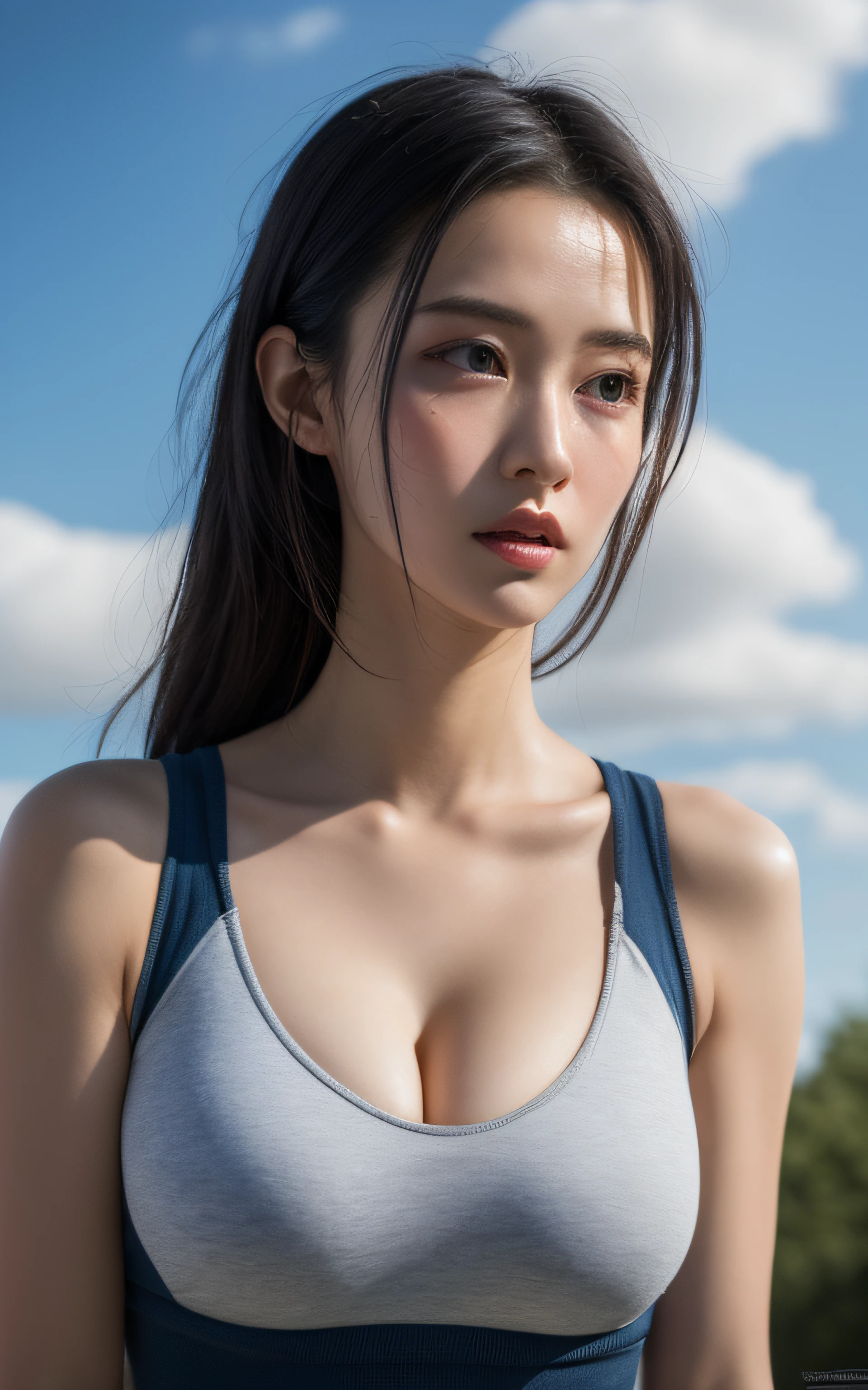 1 Female,Cleavage,Focus on the cleavage,sexy,Realistic,Highest quality,8K, Ultra high definition,RAW Photos,Perfect figure,Beauty,Small breasts,View your viewers,Shooting from directly in front,Sports bra,Upper body zoom