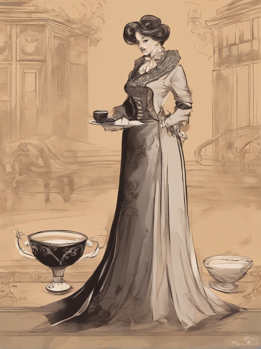 A book cover with a lady from the haute bourgeoisie, she's very fat, but very scary because of her confident and defiant posture, she's holding a teacup, and the background is completely brown, totally minimalist.