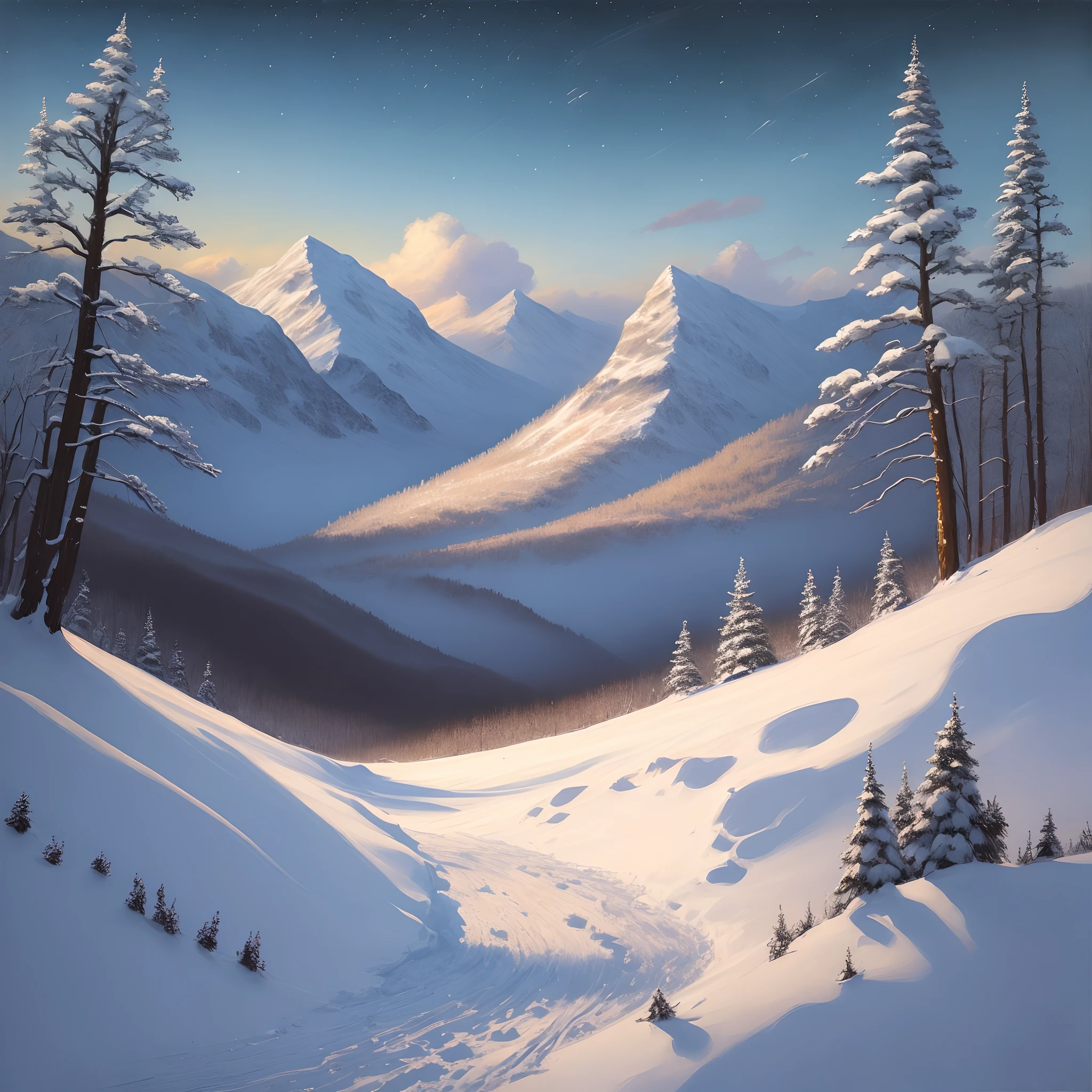In a winter storm、Landscape painting with clear skies
