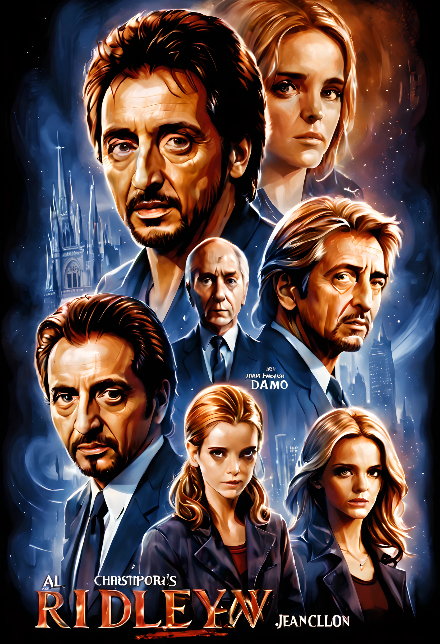 (The movie poster of holliday family movie:1.5), (movie poster style illustration:1.5), (movie title:1.5), (logo:1.5), (sproncer's logo:1.5), (texe:1.5), ((text:2)), (title:1.5), (Movie of Ridley Scott and Christopha Norlan:1.5), (starring Al Pacino, Emma watson, Jean Clod Van Dam:1.5),