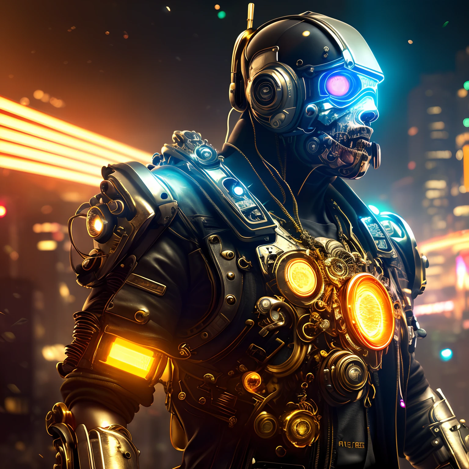 high-quality digital art, stunning art, 4k Wallpaper, Highly detailed, black and white, Digital art of the highest quality, stunning art, 4k Wallpaper, 8K, 64 thousand., HD, incomparable masterpiece, dinamic lighting, Cinematic, Epic Mechanical Parts, ciberpunk, (Best Quality, Masterpiece), (Photorealistic: 1.4), ultra highres, (Cyberpunk with bright neon lights), (Realism), (dynamic), (extremely detailed wallpaper CG unit 8K), (High Resolution), (Masterpiece), ((Gold Details)), ((About BLOOD)),(a gold), (a gold), (Chrome Metal), (Gurra Medals), ((Jewelry)), ((create something SCARY)), ((create something UNIQUE)), (COME UP WITH SOMETHING RIGHT)), ((evolution))