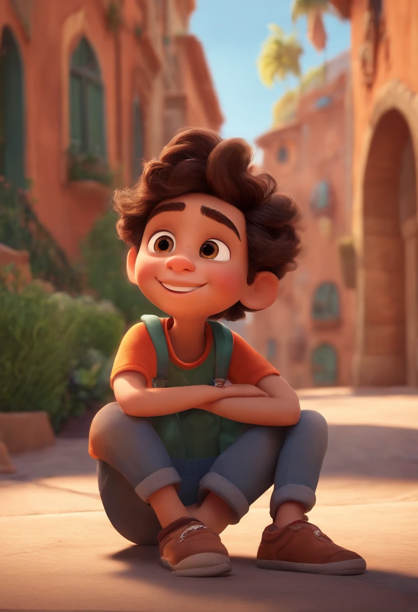 Image of a boy for a story in a YouTube video in Pixar format, He's the little allabester, He's the class leader, He's outgoing, Playful and gets up for a lot of things, cabelo curto