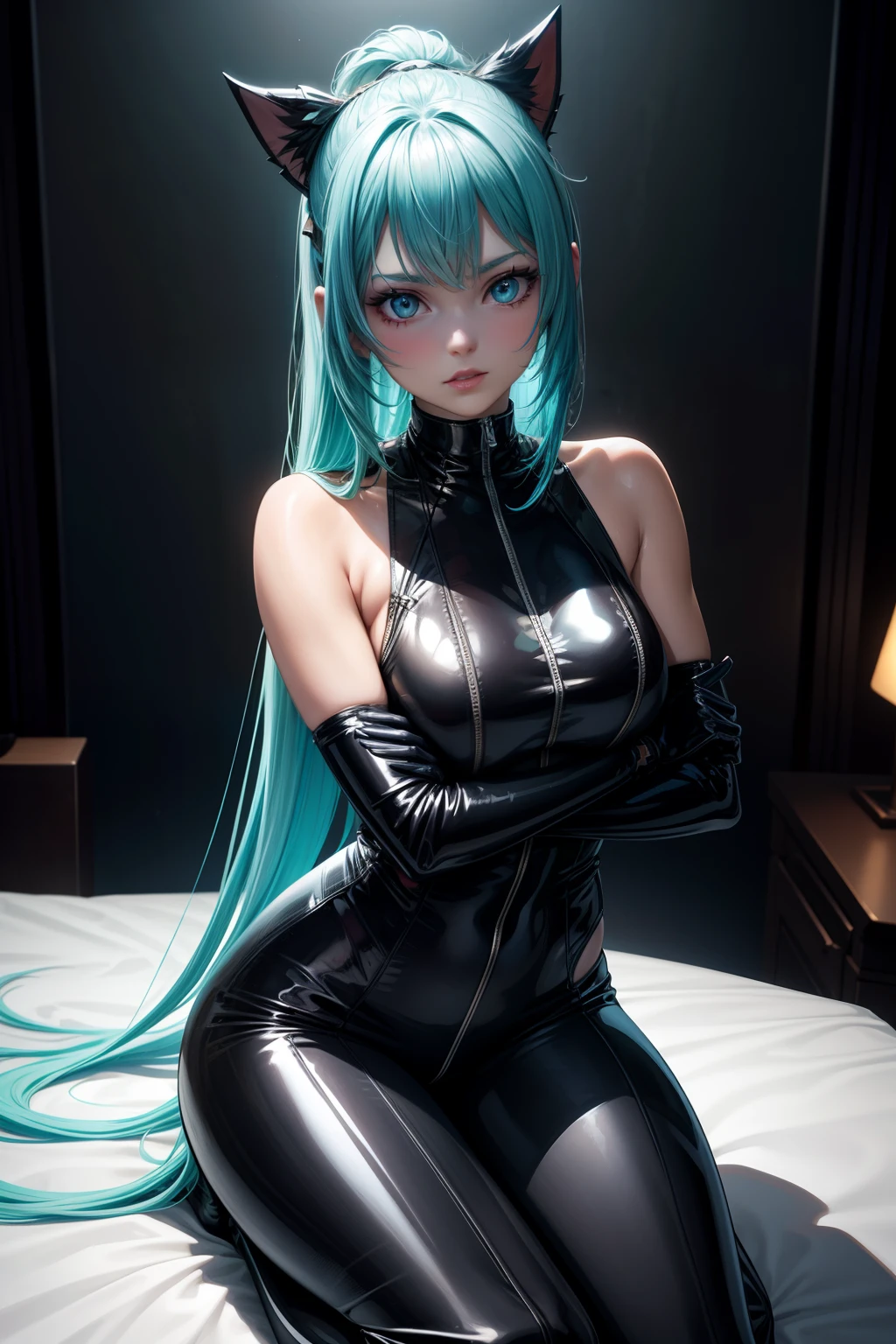 Kigurumi, ((green eyes)), light blue hair, side tail hair、bangs, High resolution cosplay photos, highest resolution, 最high quality, high quality, 4K HDR photography, Hotel, dark room, anime girl, Flesh-colored bodysuit made of fabric with visible seams and wrinkles,(plastic face), plastic anime girl mask, synthetic wig texture,, ((anime face)), Detailed anime eyes, (Cartoon face), fabric seams, 、full body portrait、wearing leotard、Masturbating、big breasts、detailed face、