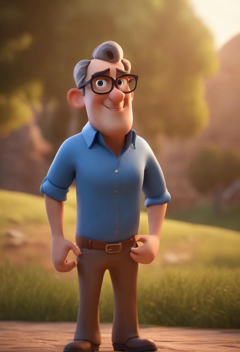 Cartoon character of a man with black glasses and a blue shirt, animation character, Caractere estilizado, animation style rendering, 3D estilizado, Arnold Maya render, 3 d render stylized, toon render keyshot, Personagem 3D, Personagem 3D, 3d rendering stylized, 3 d character render, personagem de desenho animado, Personagem de close up, Pose de personagem,  (Estilo Pixar) (master part:1.2) (Bokeh) (best quality) (pele detalhada) (textura detalhada) (8k) (argila) (Cinematic lighting) (foco nítido