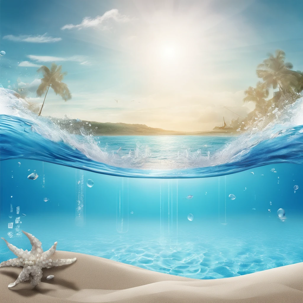 Blue sea, Young inspiration,  Right angle and round tip design, Transparency of water, Thick glass refraction, Caustics are projected in the sand,