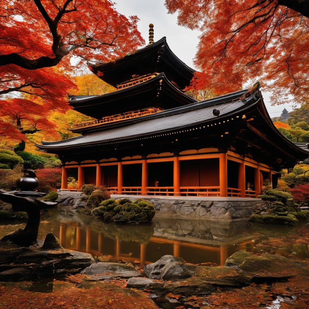 wallpaper hd,(((An exquisite Japanese temple in autumn and autumn:1.5))),Meandering creeks and streams、Autumn leaves scattered on the ground,Bronze bell,((Several Buddha statues:1.5)),(HD Real),,The screen is filled with golden sunlight,HD picture,1/3. Leave blank,Nikon SLR lenses,Shoot at medium distance,Soft lighting,Ultra high quality,tmasterpiece,电影灯光