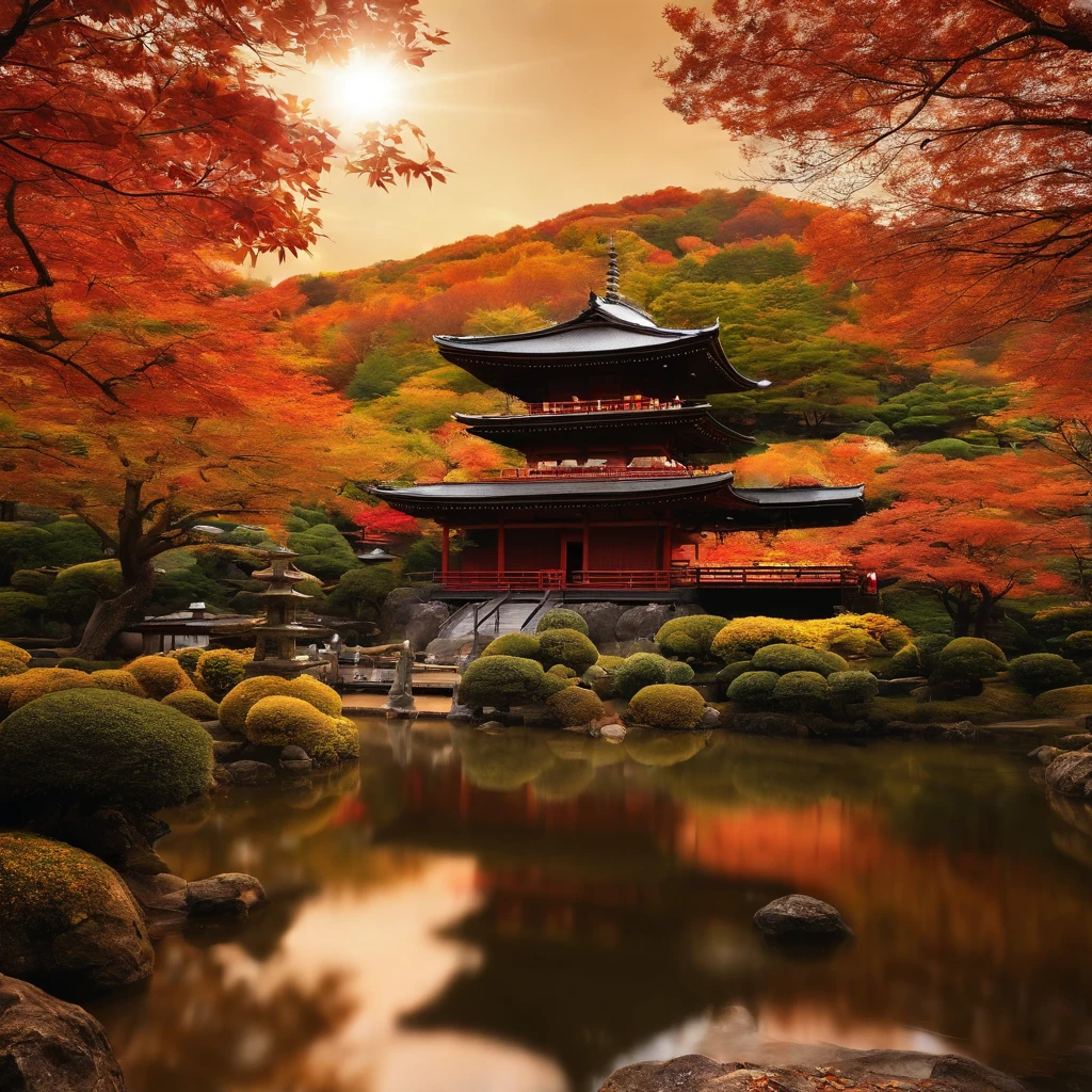 wallpaper hd，(((An exquisite Japanese temple in autumn and autumn：1.5))),Meandering creeks and streams、Autumn leaves scattered on the ground，Bronze bell，((Several Buddha statues：1.5))，(HD Real),，The screen is filled with golden sunlight，HD picture，1/3. Leave blank，Nikon SLR lenses，Shoot at medium distance，Soft lighting，Ultra high quality，tmasterpiece，电影灯光