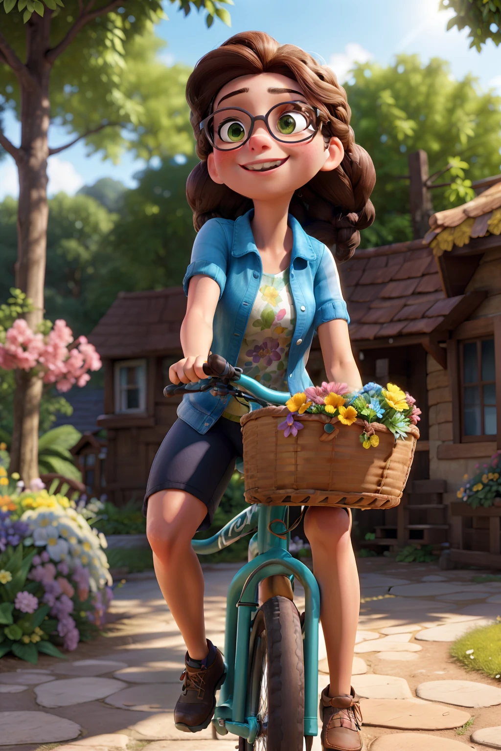 a brunette woman with braided hair wearing a helmet and sunglasses on a bicycle,cycling in a vibrant garden,with blooming flowers and lush greenery (realistic, highres), capturing the joyful moment with vivid colors and stunning lighting, creating a vibrant and energetic atmosphere (photography, vivid colors),with the sunlight casting warm rays and creating a beautiful play of shadows on the surroundings (warm sunlight, play of shadows).