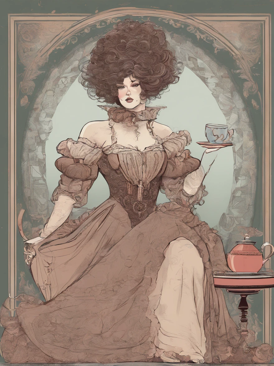 A book cover featuring a lady of the haute bourgeoisie, she is very fat, but very scary because of her confident and defiant posture, she is holding a cup of tea, she has curly hair, and she is wearing a very beautiful dress made of sheep's wool, front view.