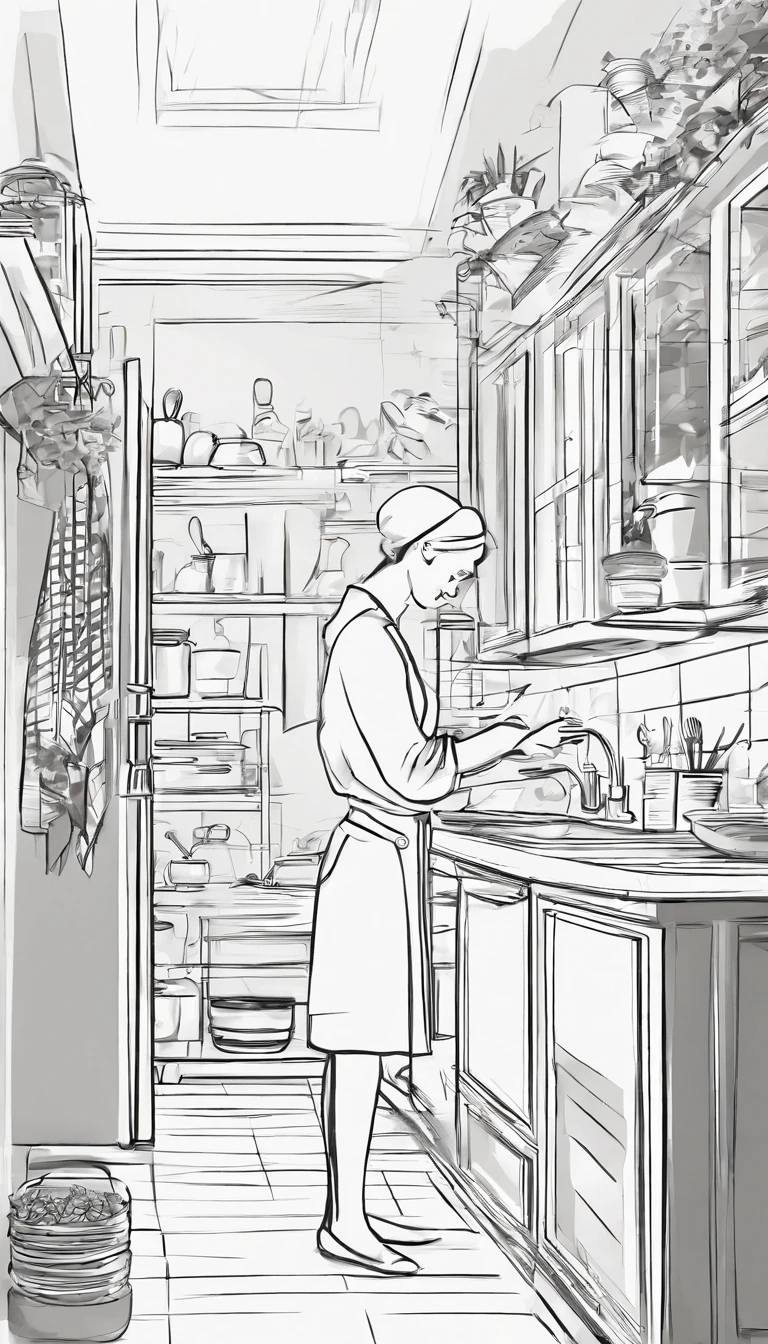there is a woman standing in a kitchen preparing food, In a kitchen, In the kitchen, Cooking,illustration，rays of sunshine，spacious