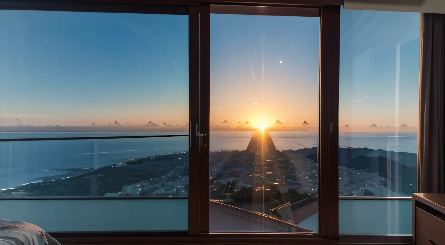 florescer, lens reflection, (8k, .RAW, profissional, melhor qualidade, master part: 1.2), (Realistic, fotorrealista: 1.37), ultra-detalhado, (pele mais detalhada: 1.2), natural lightting, 1girl, Open arms at the window, de costas, assistindo o nascer do sol, paisagem linda, sky clear, andar alto.