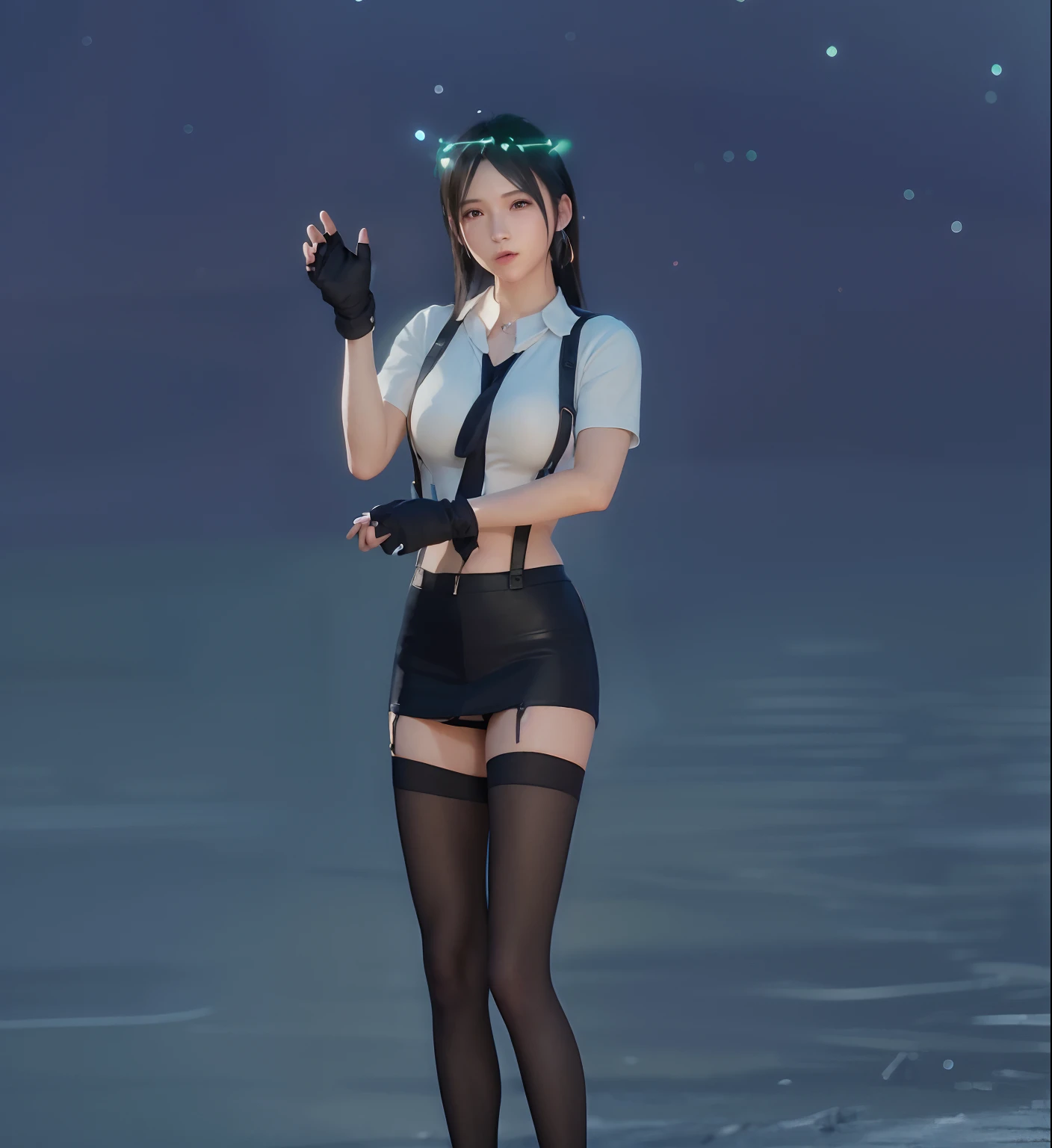 pureerosface_v1,ulzzang-6500,corneo_covering_breasts_one_arm, ass, (8k, best quality, masterpiece:1.2), (realistic, photo-realistic:1.37), ultra-detailed, 1 girl,cute, solo, ((tifa lockhart,tifa tifa lockhart's sporty dress)), (big breasts),(beautiful detailed eyes), (smile:1.2), (closed mouth), arms behind back, neon lights, cityscape, depth of field, dark intense shadows, sharp focus, cars, motion blur, motor bikes, depth of field, good composition, green glowing light, Final Fantasy VII, dating,(nose blush), single elbow pad, black hair, red shoes, muscular,abs,taut shirt,black skirt, thighhighs, full body, head rest, lips, pretty face, low-tied long hair, ((red_eyes)), yellow flowers, (night:1.3), intricate, bokeh, cinematic lighting, photon mapping, radiosity, physically-based rendering, (Tetsuya Nomura style)