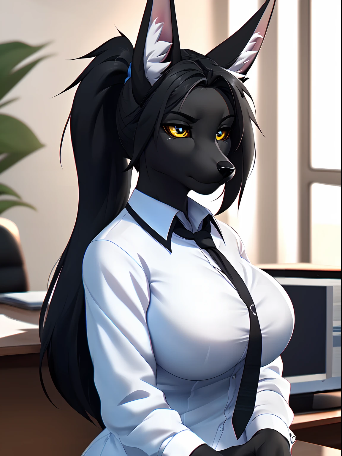 score_9, score_8_up, score_7_up, score_6_up, score_5_up, score_4_up, (solo), female anthro hyena, secretary clothes,mini skirt, lusty, fluffy body, long dark black hair, turquoise eyes, (thick thighs:1.3)((( offering the breasts))) sex partial clothes, (((cleavage))) semi-butonned uniform niform, (barely_visible_booba) (she is sitting) , giant breasts, garter belt tights