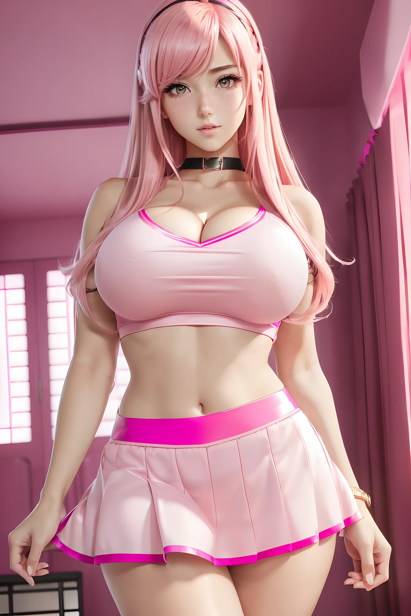 (8k, 4k, high resolution,masterpiece, best quality:1.3, anime style), 1girl , nice hands, cowboy shot, upper body, flirting, 18yo, beautiful hips, pink hair, straight hair, party hair, hazel eyes, front layers hairstyle, thick thigh, pink eyes, ((sharp focus)),,legs spread, (wearing Pinkcheerleader uniform)(high waist skirt)(Pink shirt) blush,shiny_skin,( Massive giant breasts), deep cleavage, perfect breasts, Exposed clothing，((((((Flirtatious action))))))