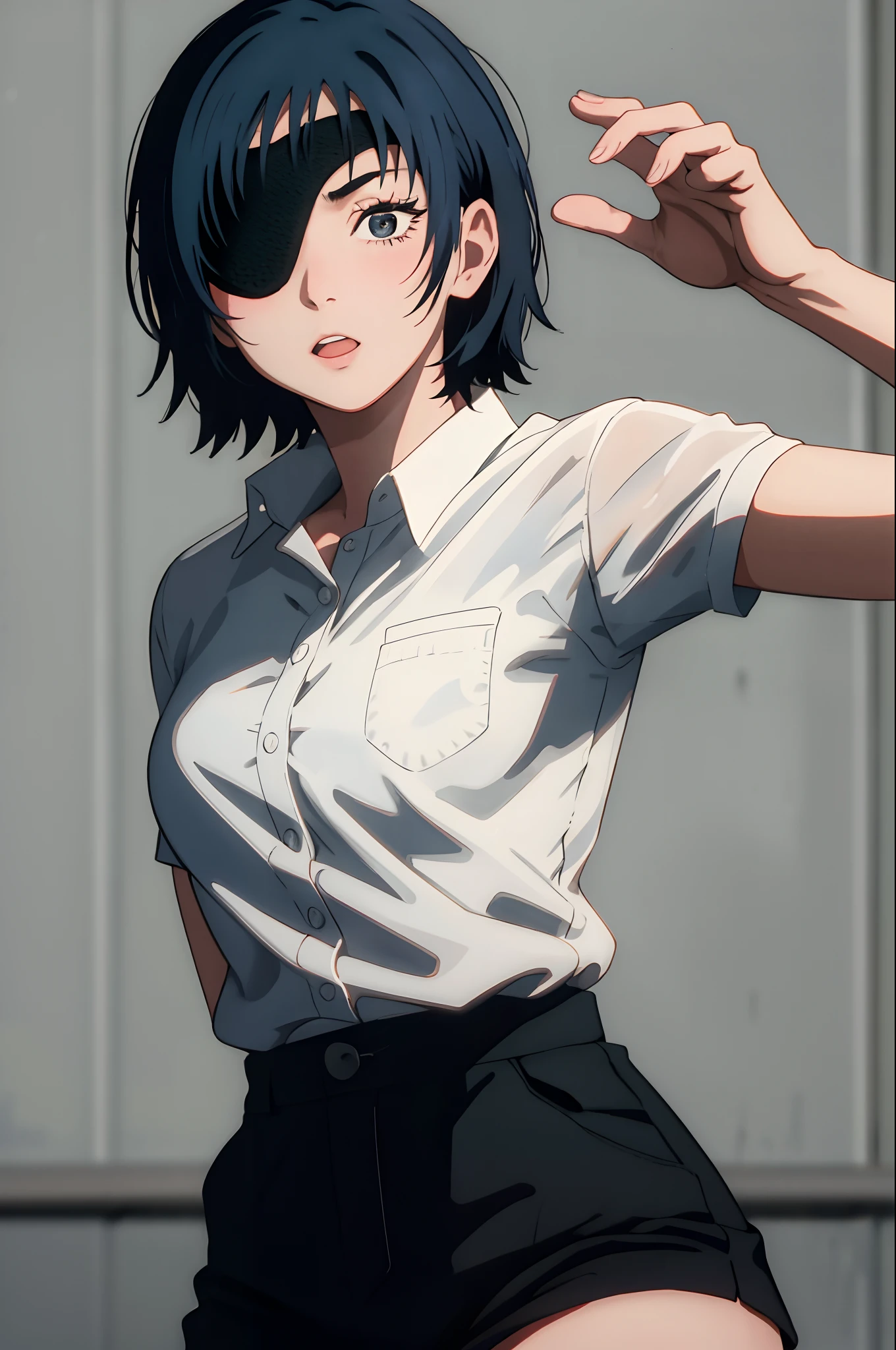 dynamic pose, himeno,short hair,eyepatch,formal,
(best quality, masterpiece, RAW photo,ultra-detailed:1.2), 1girl,solo,