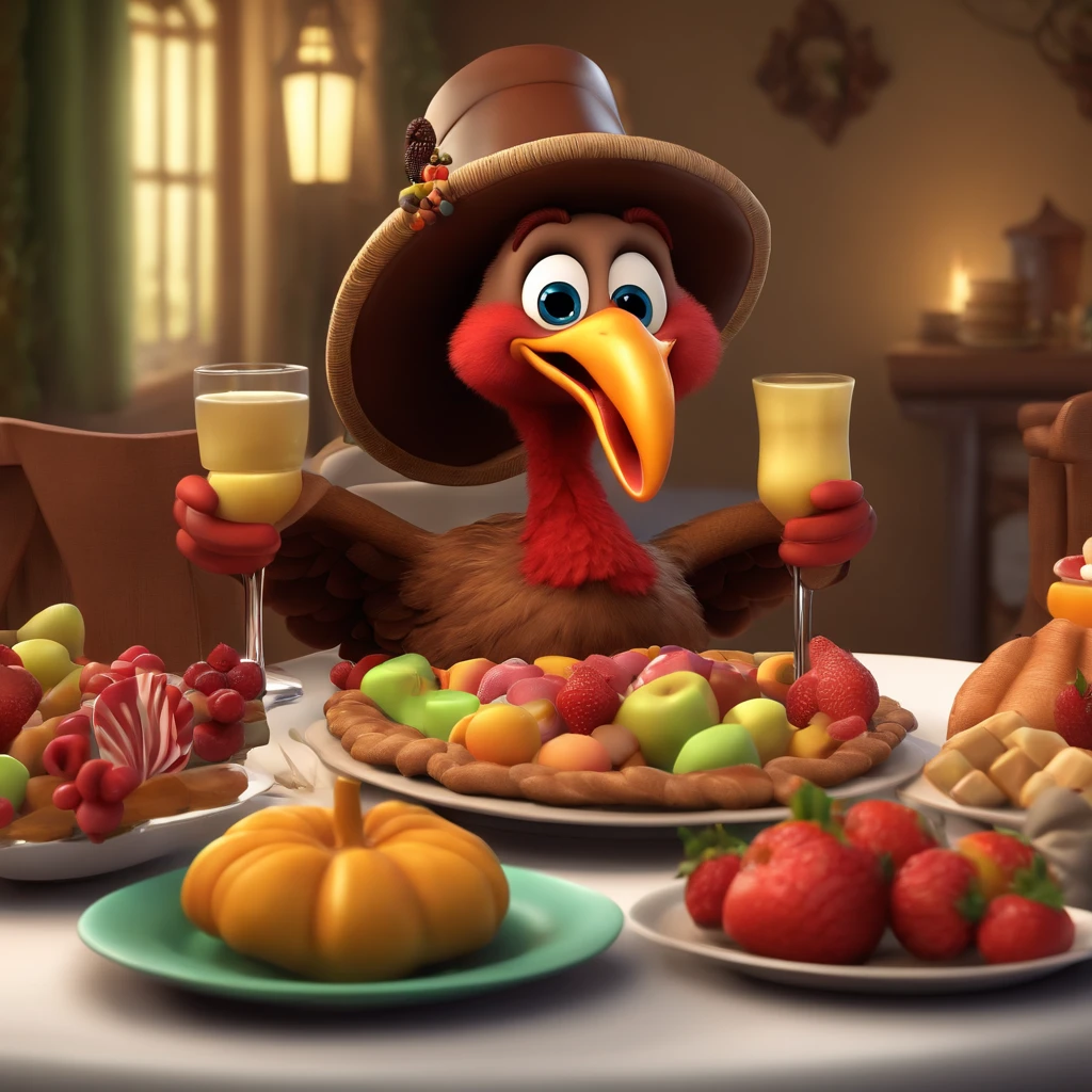 caricature of a cartoon style turkey sitting behind a table with a pilgrims' hat holding a fork and knife and in front of him fruit and sweets,  3D character, Disney character, 3D character animation, ultra-detailed expressions