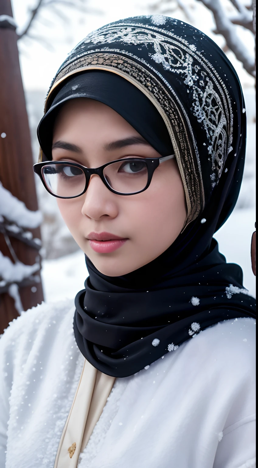 (iu:0.8), RAW, Best quality, high resolution, Masterpiece: 1.3, Beautiful cute glasses hijabi javanese woman in snow, Masterpiece, Perfect slim body, Beautiful big eyes, Soft smile