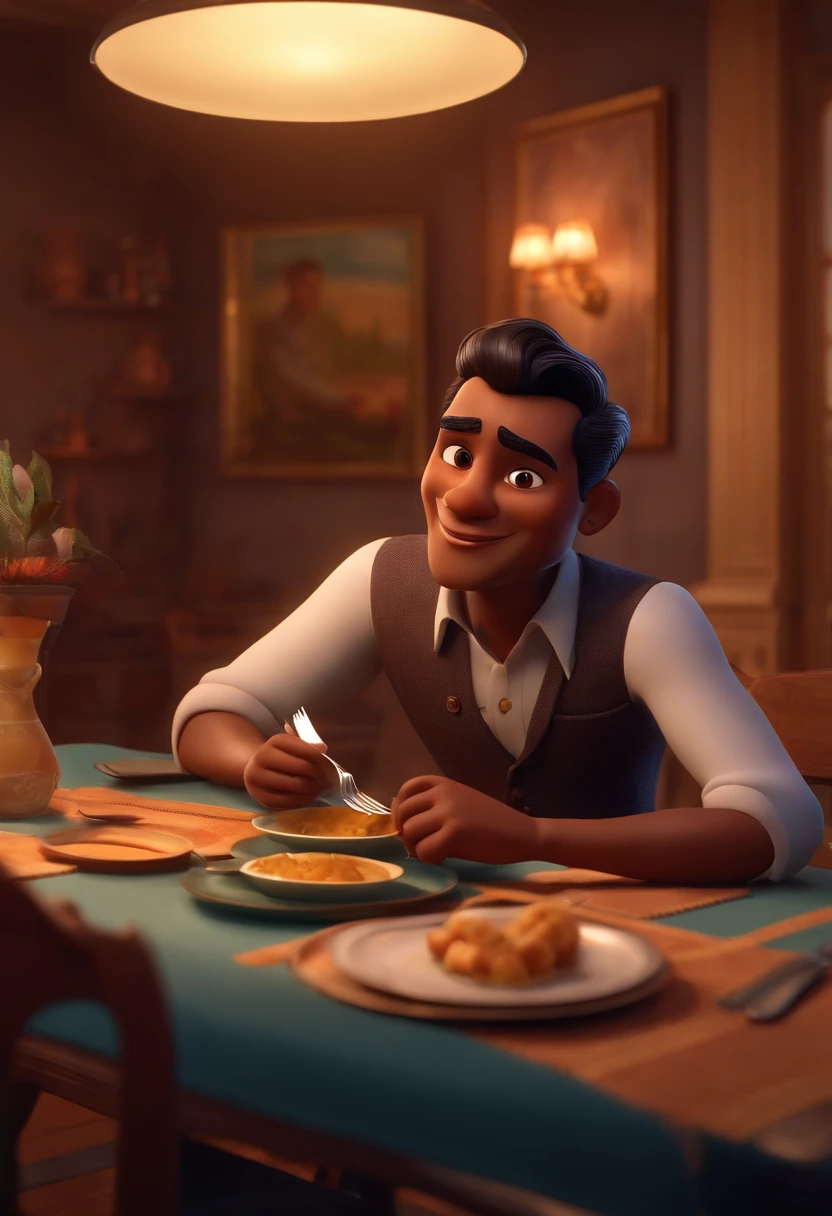 3d pixar of a man with brown skin, round face, low straight black hair and a pompadour, sitting at the dining table, holding a fork and a knife, on the table an empty plate with a bible inside