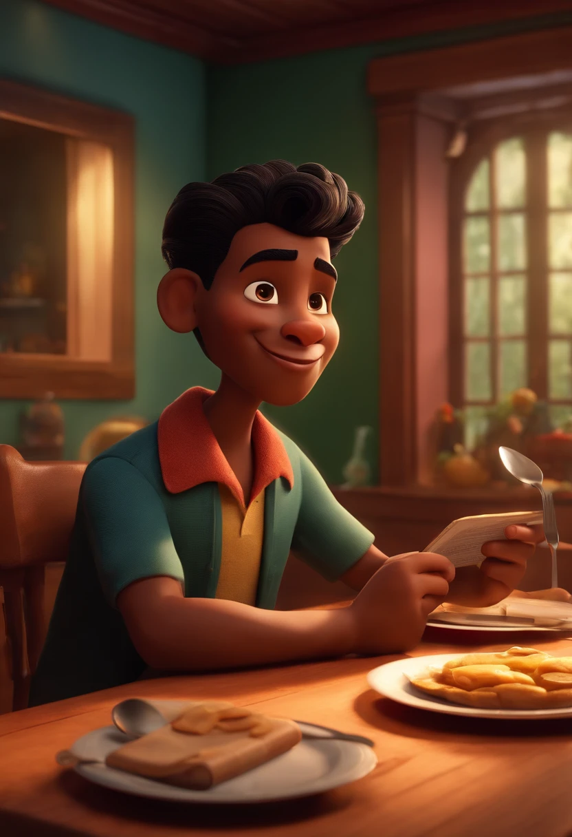 Um filme inspirado na Disney Pixar (menino NEGRo JOVEM COM CABELO cerrado) dentro A cena estar na arte distinta do estilo PIXAR, descolado e estiloso