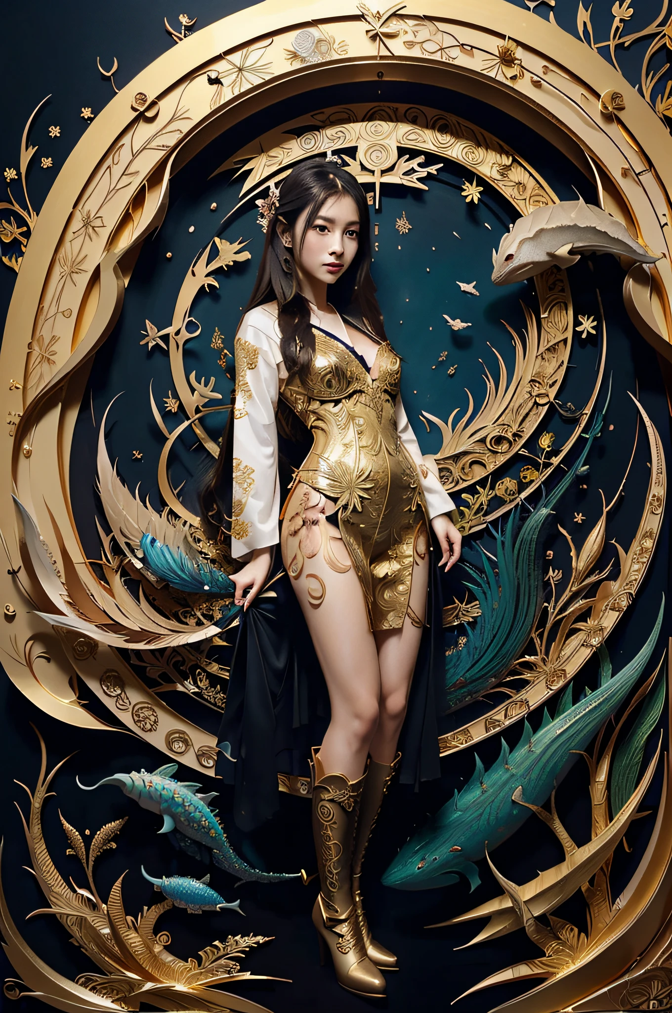 masterpiece, top qualtiy,offcial art,Beautiful and aestheti,Girl dressed in Japanese,Long hair and long flesh,das boot,deck,Huge sea creatures,Extremely detailed,Colorful,Beautiful and aesthetic,zentangle, datura,Tangles,entangled,holy rays,gold foil,Gold leaf art,glitter drawing, PerfectNwsjMajic,Chinese ink painting, painting, ink and watercolour painting, delicate