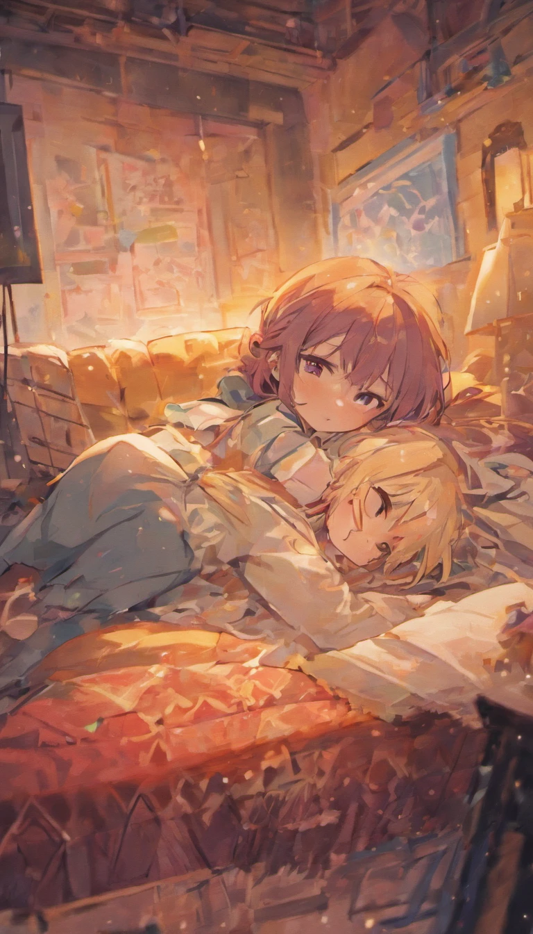 aquarell and pastel tons of a scene with a furious dad catching her daugther in bedroom in love with her boyfriend in the night
